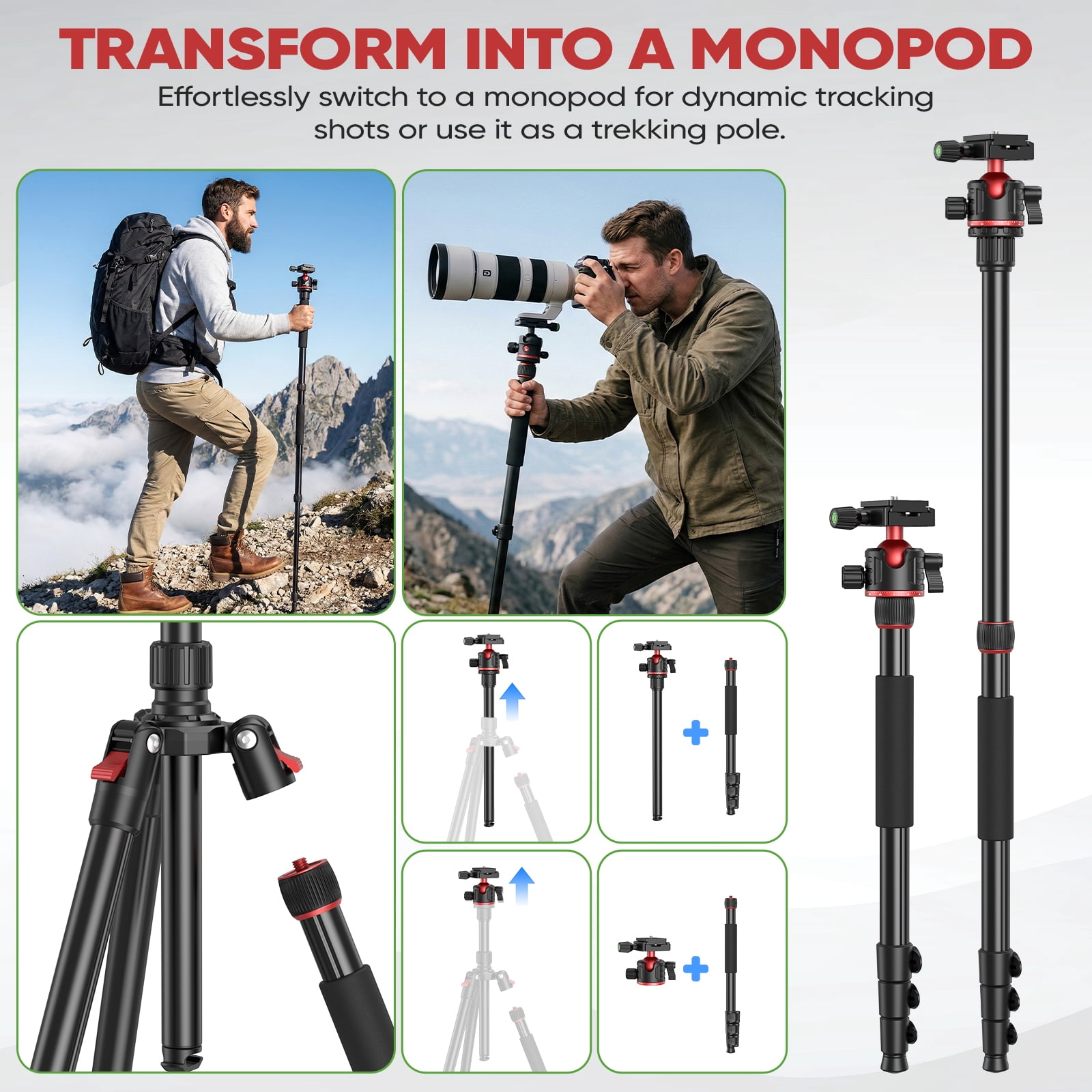 BNISE Aluminum DSLR Camera Tripod with 360° Panoramic Ball Head and Monopod Conversion (67 in) qv3z7