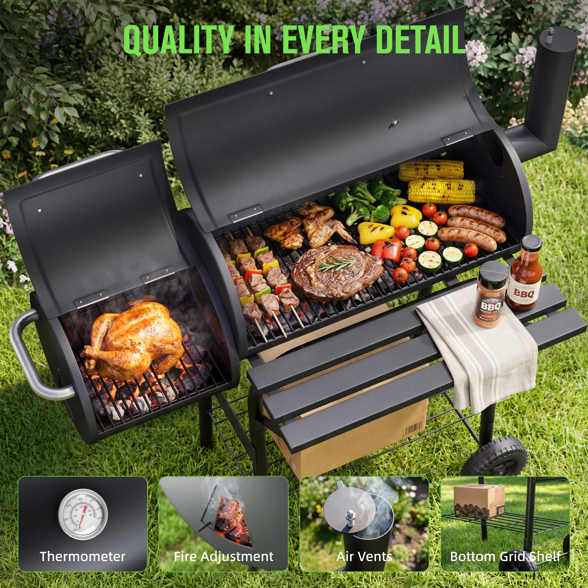 Vebreda Charcoal Grill with Offset Smoker, Heavy-Duty BBQ Barrel Grill for Outdoor Patio Cooking (Black, 44 in) ob4sj