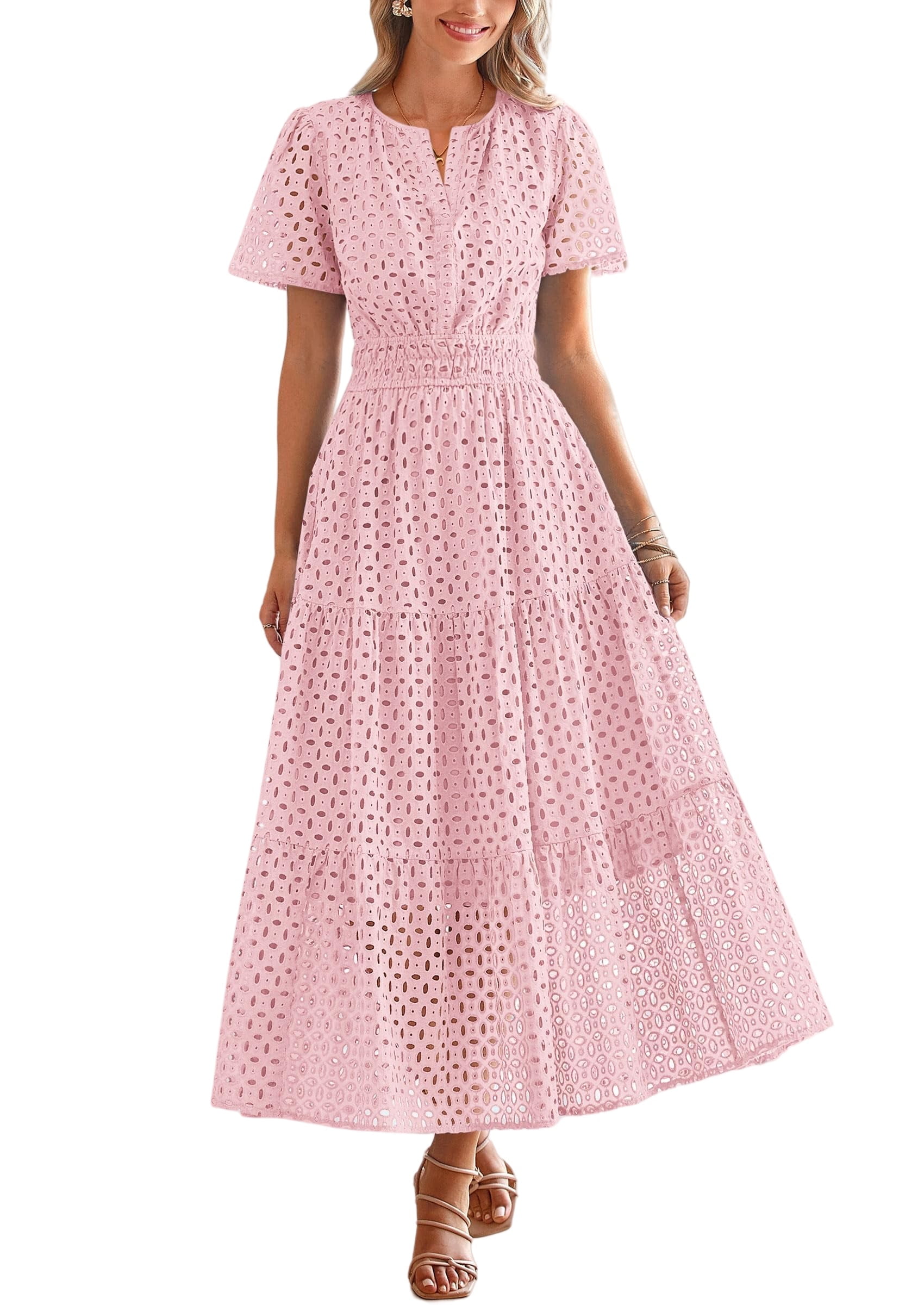 PRETTYGARDEN Womens Summer Maxi Dress V Neck Short Sleeve Eyelet A-Line Flowy Beach Vacation Dress (Pink, XL) x6cup