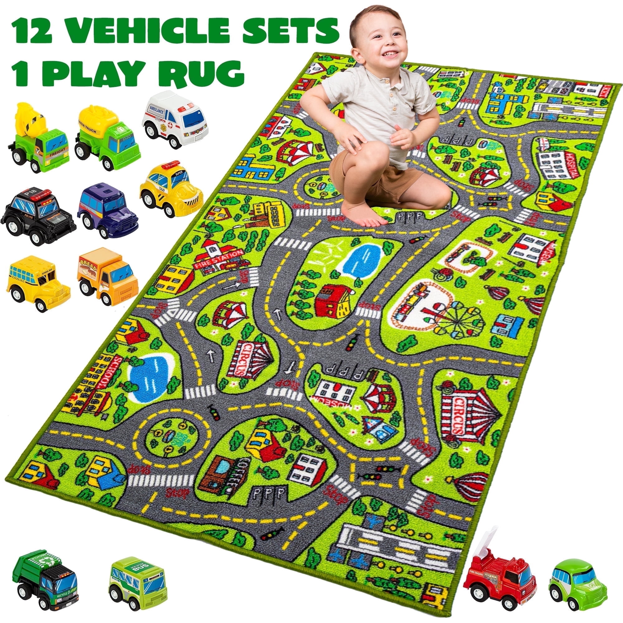 Joyfy City Theme Playmat Rug with 12 Mini Friction-Powered Vehicles (Multicolor, 58.5 in x 31.5 in) mfykd