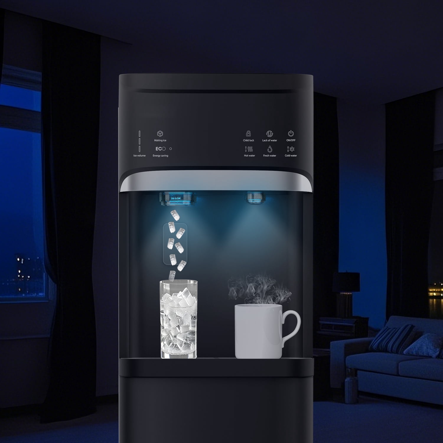 SOOPYK Bottom Loading Water Dispenser with Nugget Ice Maker, 3-Temperature Settings, Self-Cleaning, Child Safety Lock (Black, 5 Gallon) xvx61