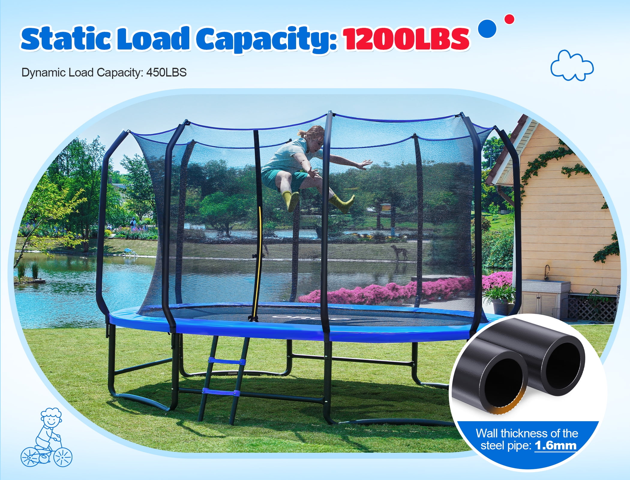 ORCC Heavy-Duty Oval Trampoline with Safety Enclosure, Reinforced Steel Frame for Kids and Adults (Blue, 8 ft x 13 ft) luta6