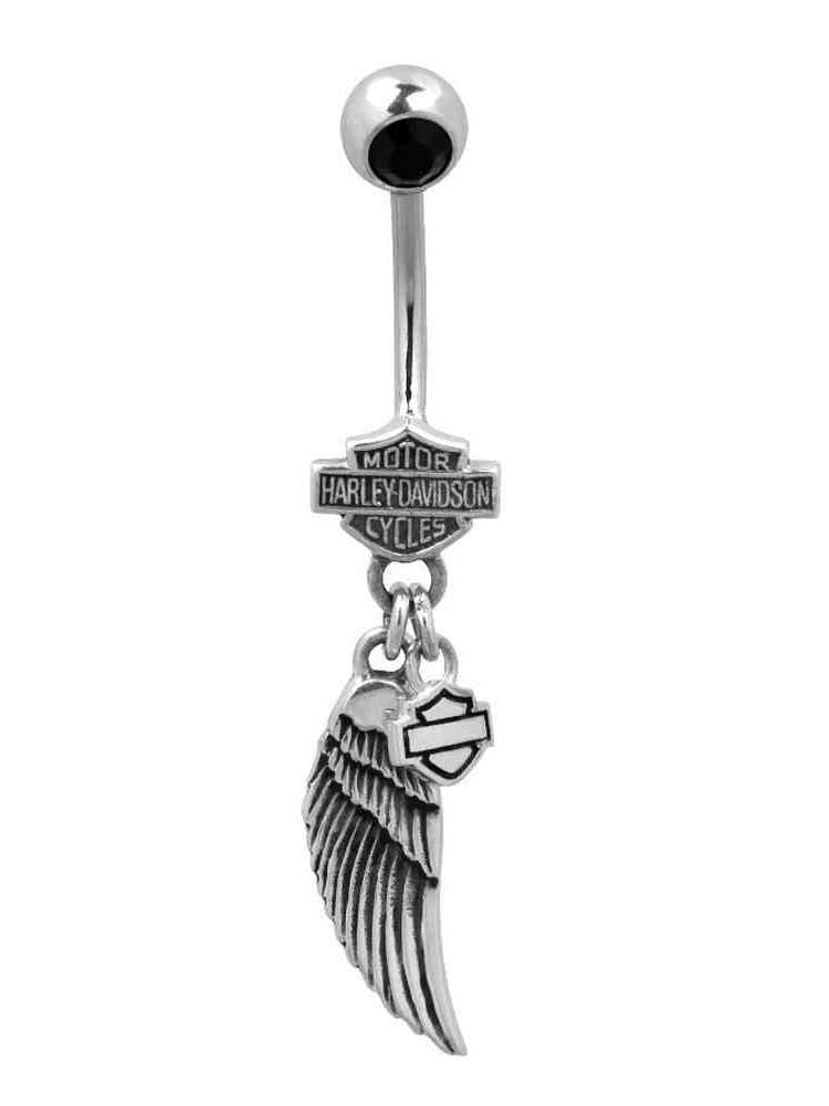 Harley-Davidson Women's Belly Ring Black Onyx Wing Bar & Shield Logo (Black, 14 Gauge) g92co