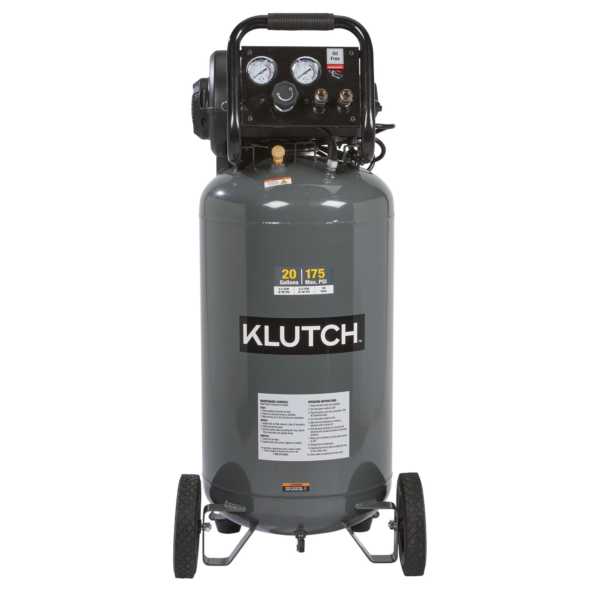 Klutch 20-Gallon Air Compressor (2 HP, 120 Volts, 175 PSI, Grey) ahkbe