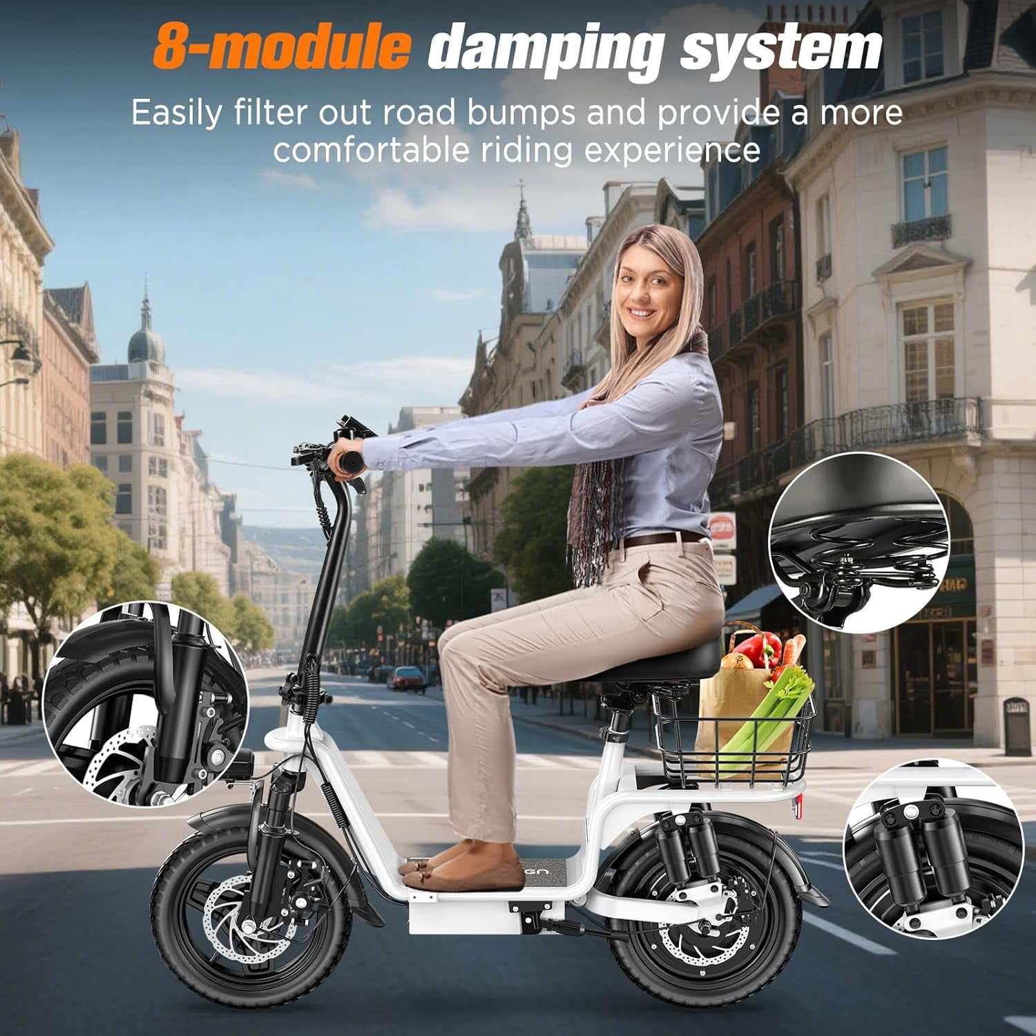 INSDRGN Electric Scooter for Adults with Seat, 900W Motor, 20MPH Speed, 28 Miles Range (White, 330 lb Capacity) h6bdw