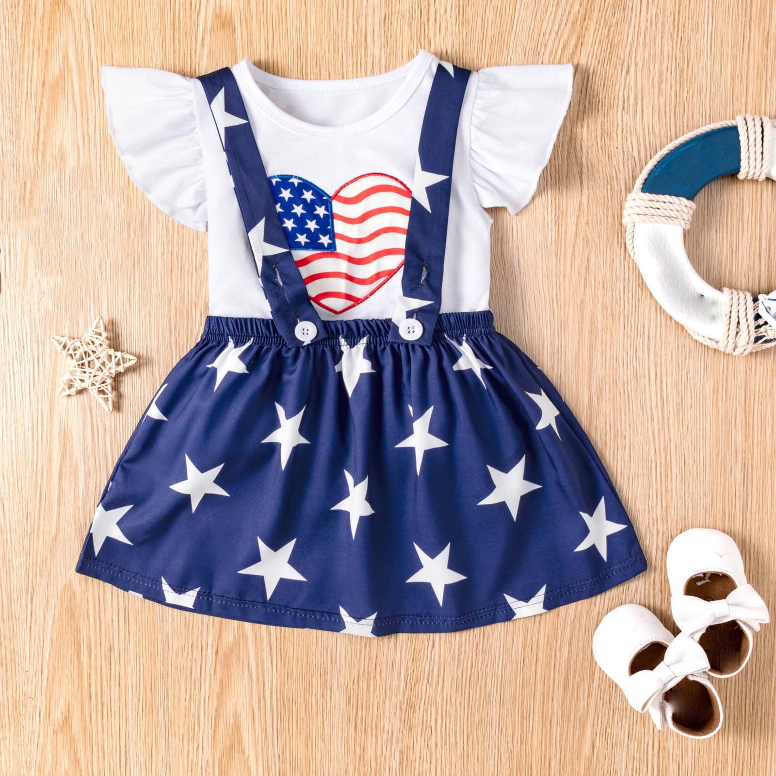 ATOGUTA Toddler Girls 4th of July Outfit Ruffle Sleeve T-Shirt and Suspender Dress Set (White, 3T) fv3hg