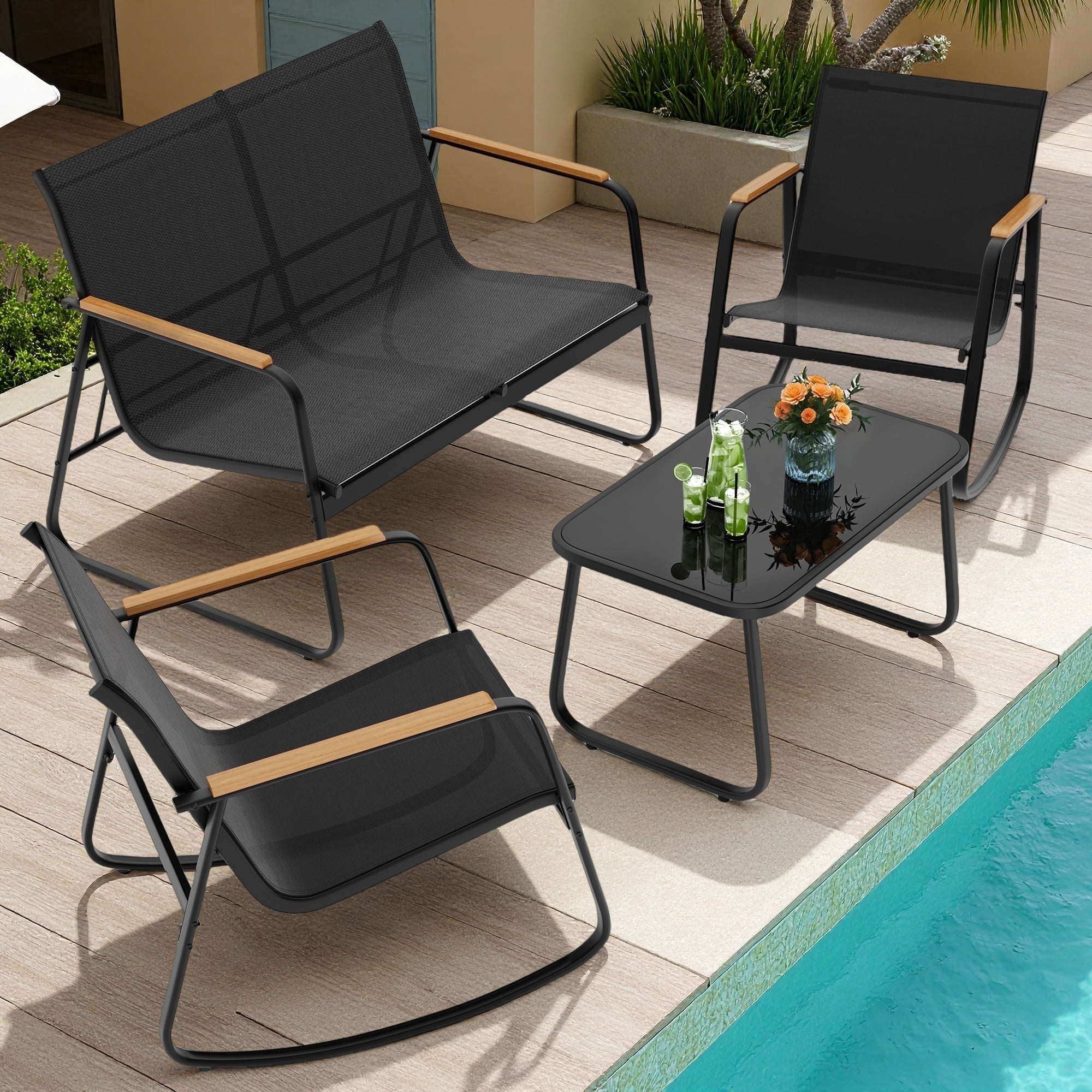 Lofka 4-Piece Patio Furniture Set with Rocking Chairs, Loveseat, and Glass Coffee Table (Black) 9pbiv
