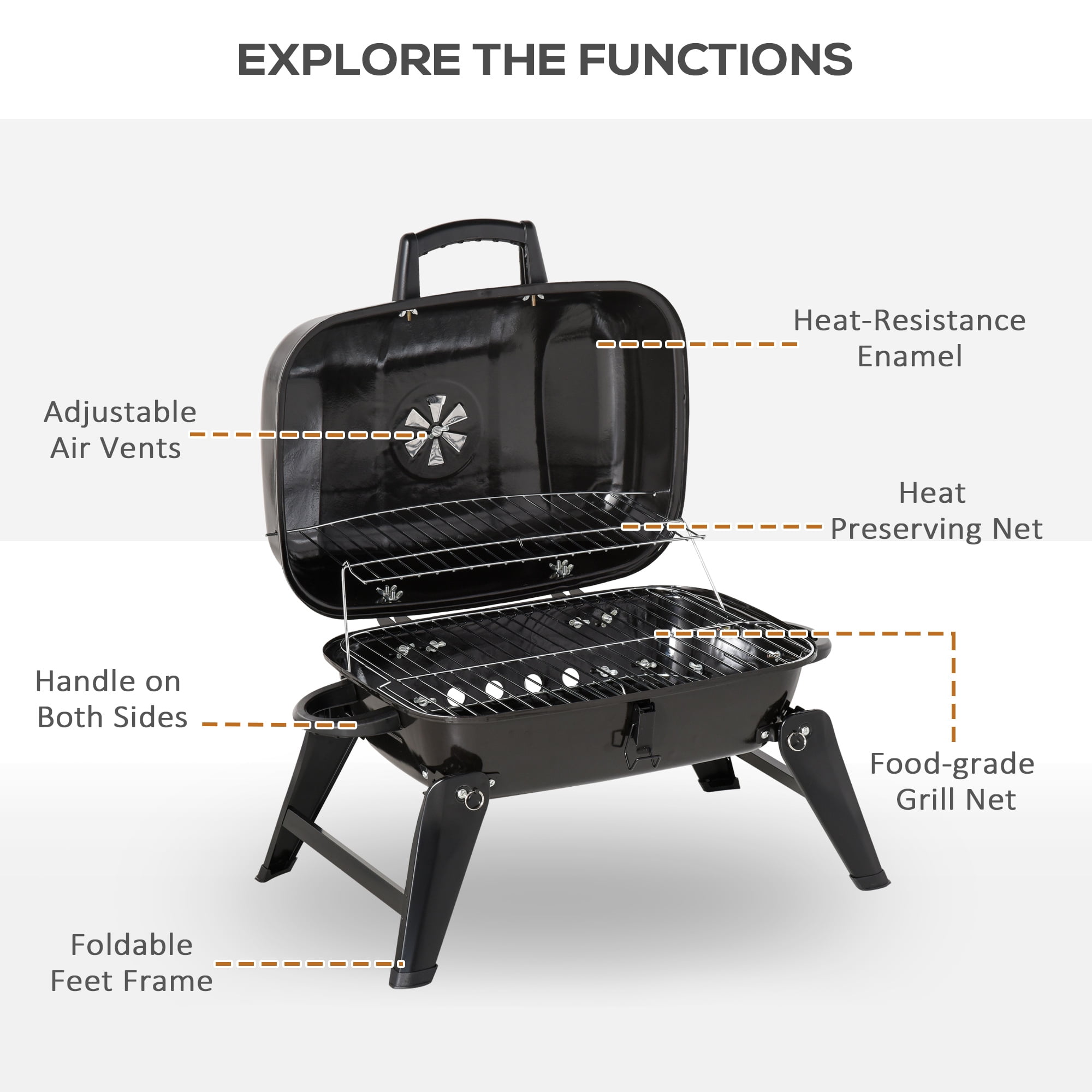 Outsunny Portable Charcoal Grill, Outdoor BBQ Cooking Stove with Folding Legs and Vent (Black, 23.25 in x 17 in x 14.25 in) tvf3d