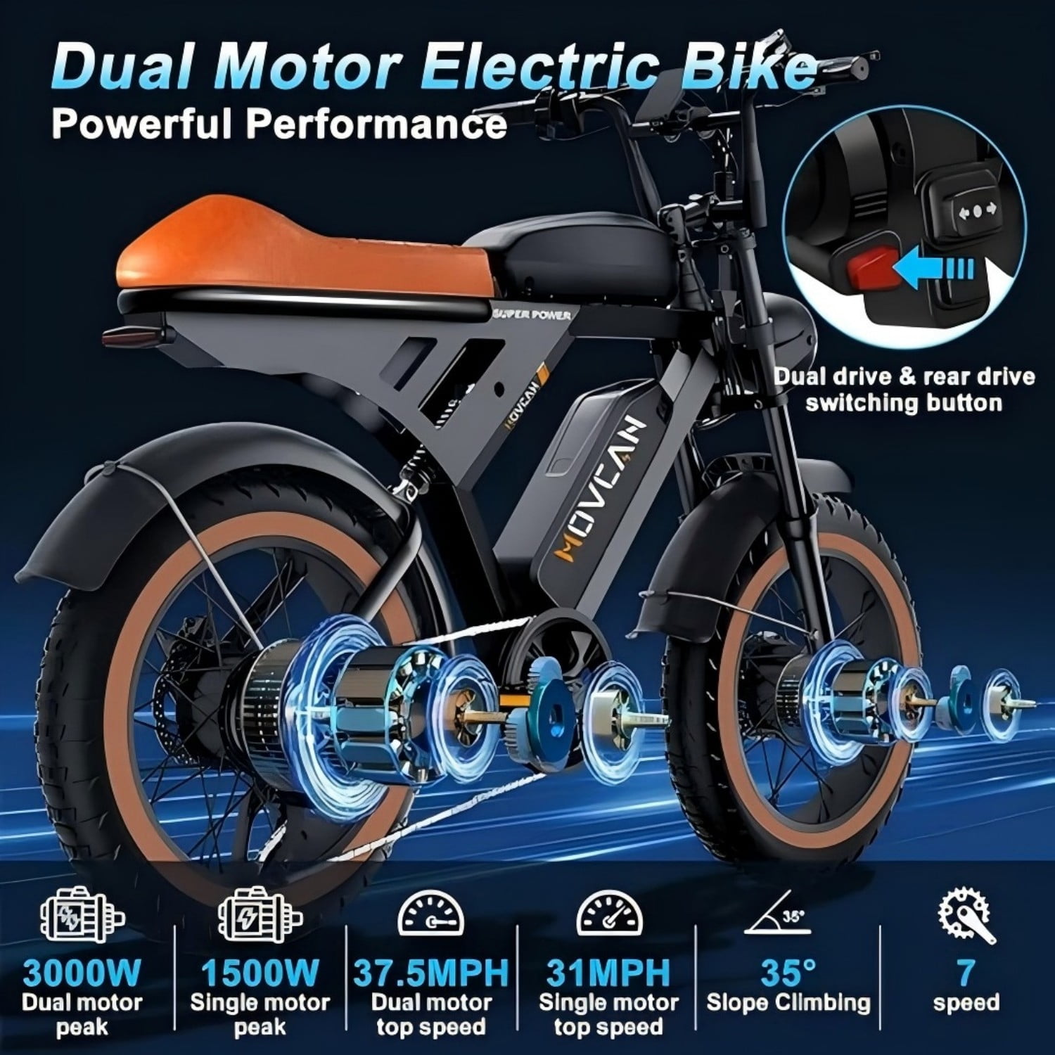 Movcan V30 Pro Max Electric Bike for Adults, 3000W Dual Motor Off-Road E-Bike, 120 Mile Range, 20 in x 4 in Fat Tires (Black) 1apag