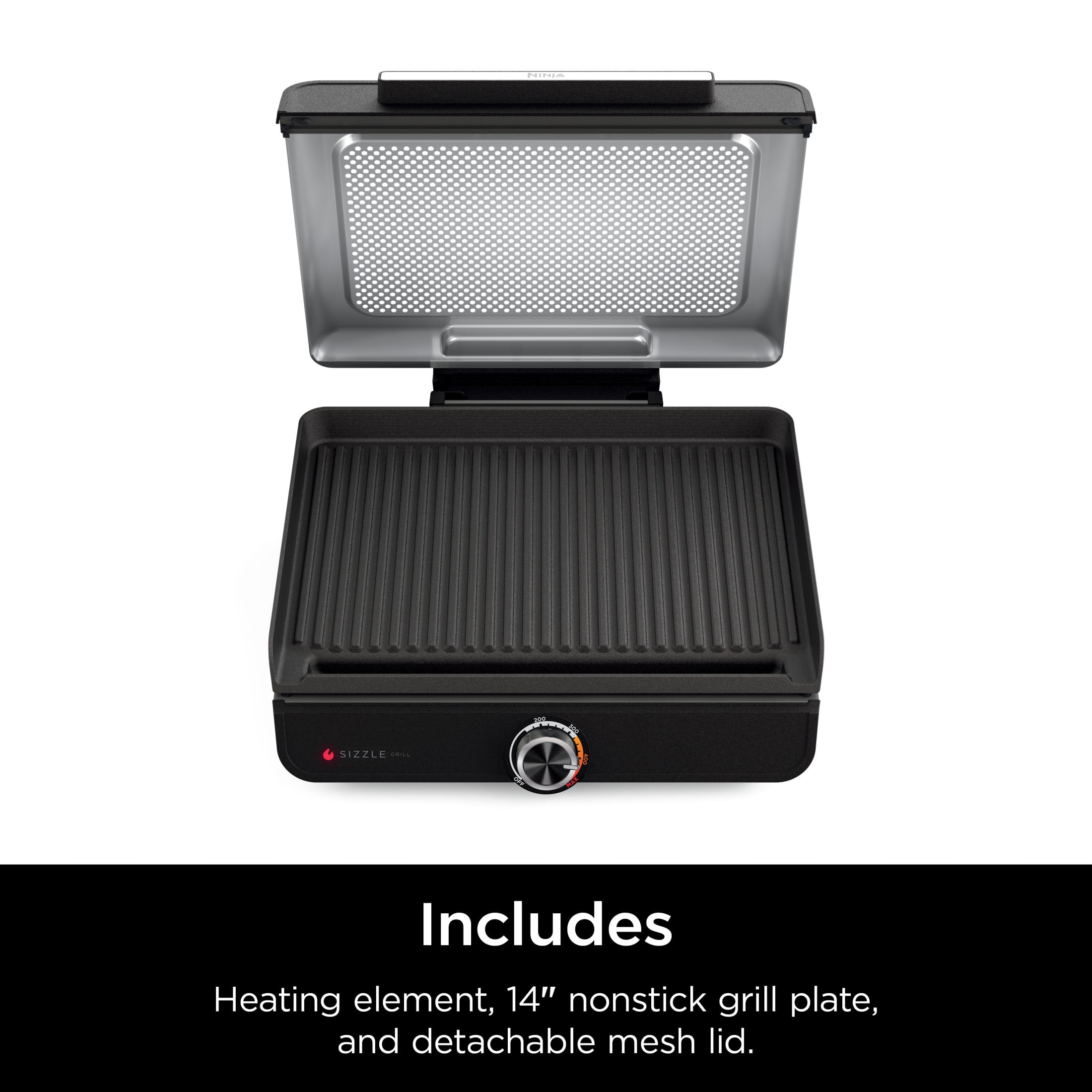 Ninja Sizzle Electric Indoor Grill, Low Smoke, 500°F Max Heat, Nonstick Surface (Black, 14 in) 8ts8z