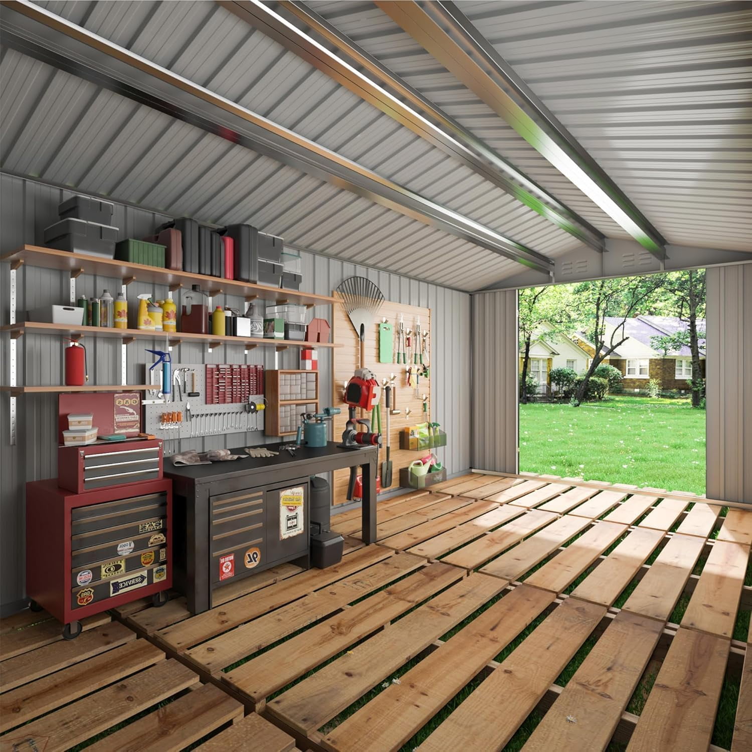 NETAJE Outdoor Metal Storage Garden Shed, Heavy-Duty Backyard Tool Organizer with Lockable Doors and Windows (Black, 12 ft x 18 ft) hcax7