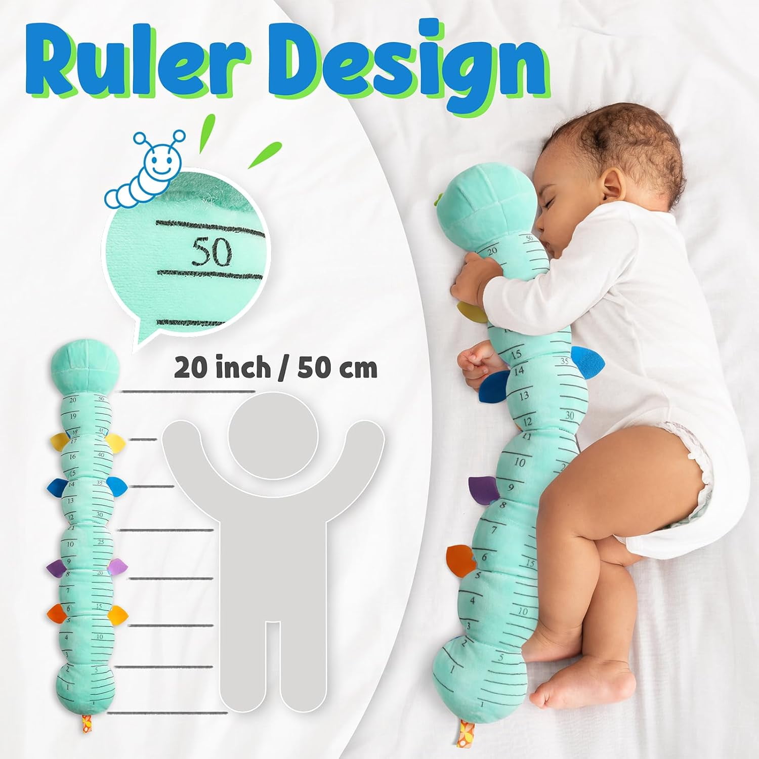 BTEPSGA Musical Caterpillar Sensory Plush Toy with Growth Ruler and Ring Bell (Blue, 20 in) rfujr