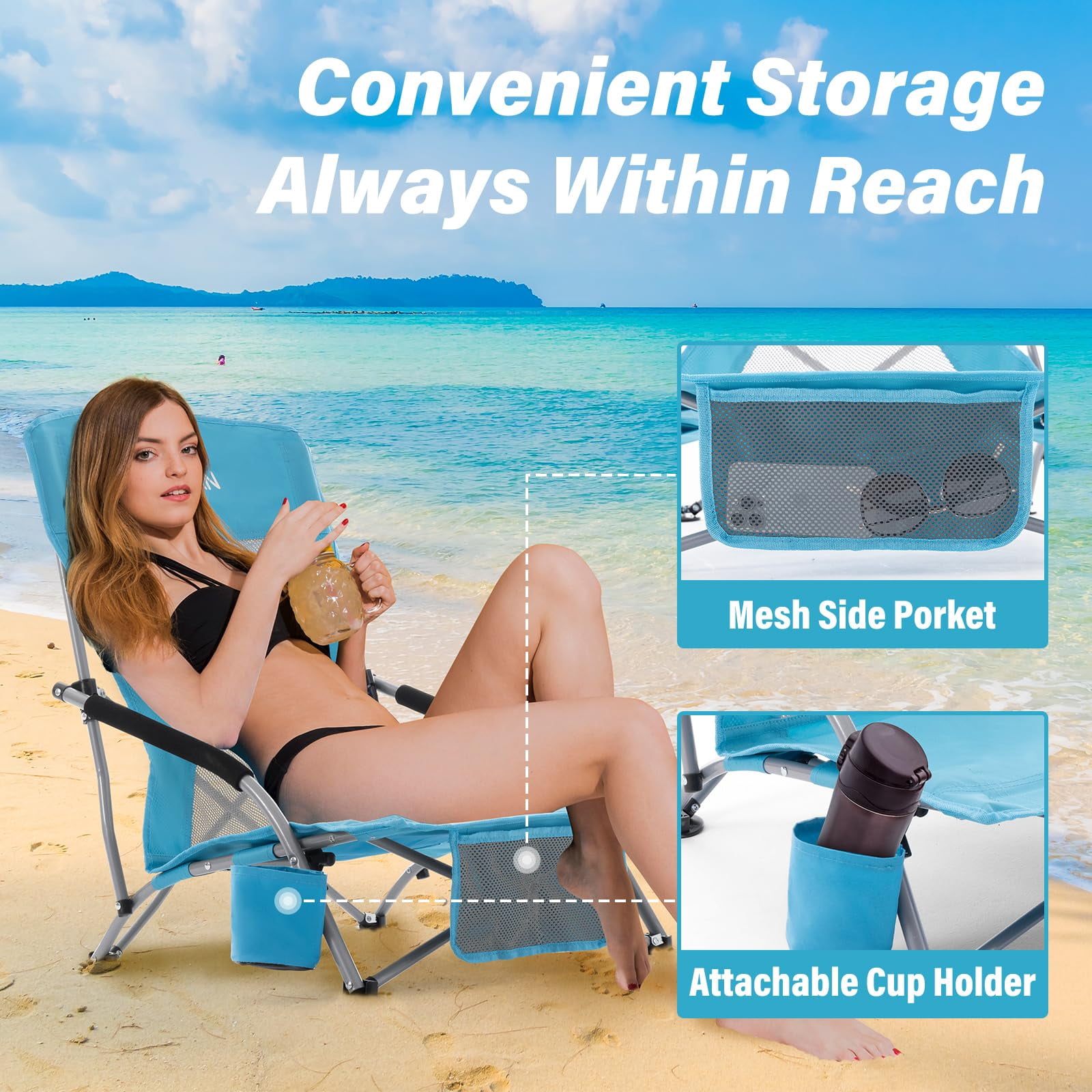 Umineux Folding Beach Chair for Adults, Portable Lightweight Outdoor Seat with Cup Holder (Light Blue, 22 in x 19.7 in x 27.5 in) tuui1