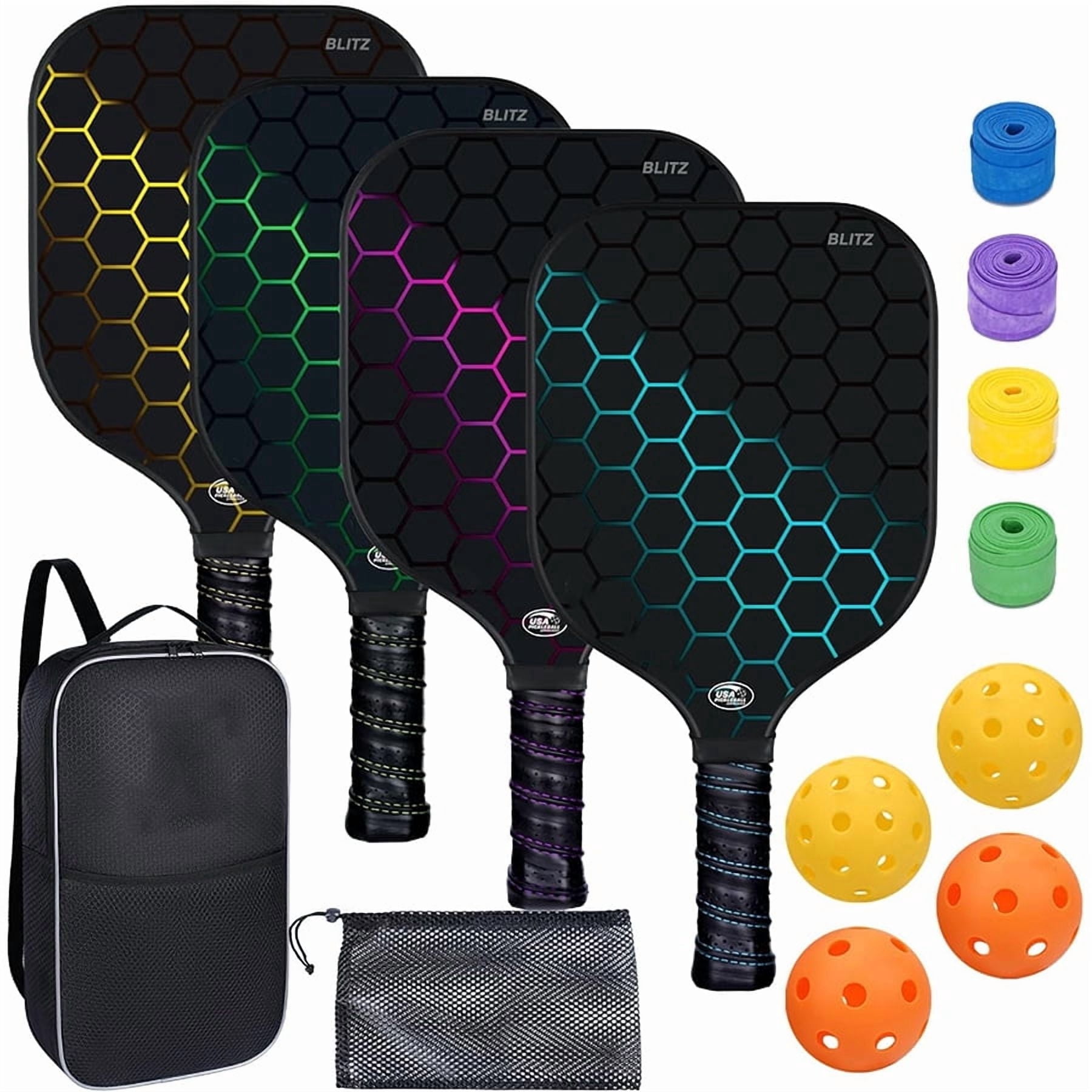 Pickleball Paddle Set (4 Rackets, 4 Balls, Carrying Bag, Fiberglass Graphite Surface, Black, 4-Pack) cqesw