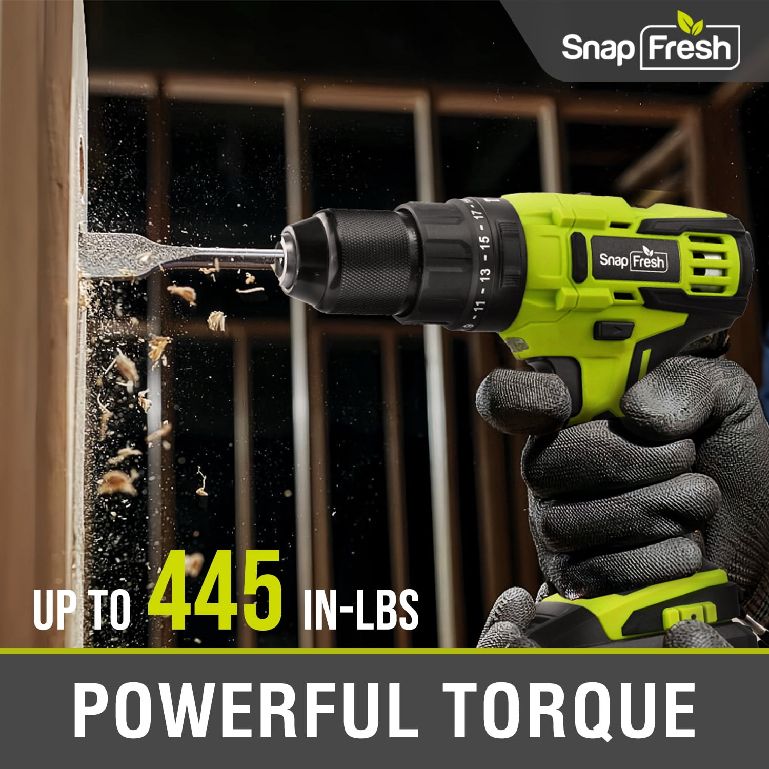 SnapFresh 20V Cordless Hammer Drill Set with 1/2-inch Metal Chuck, 445 In-Lbs Torque, 21+1 Settings (Green, 2.0Ah Battery) ob9rm