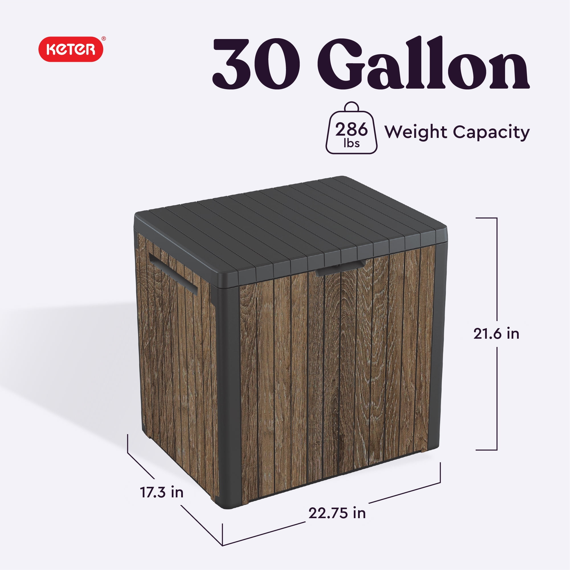 Keter Signature Everwood 30 Gallon Resin Outdoor Storage Box and Patio Side Table (Walnut, 22.75 in L x 17.3 in W x 21.6 in H) hzwfm