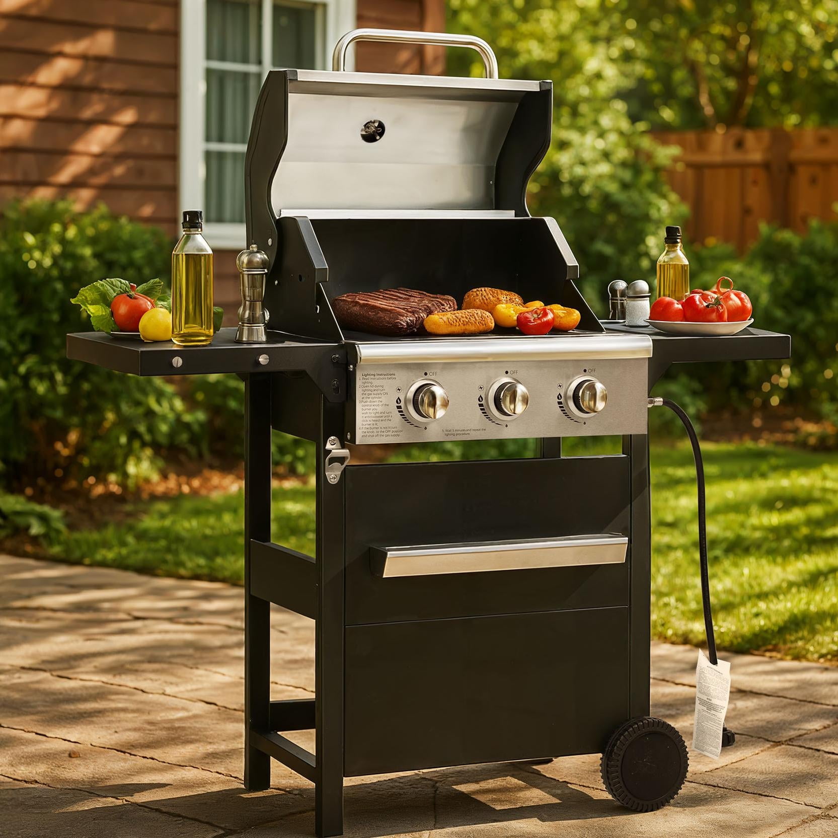 YIORTWO 3 Burner Propane Gas Grill with Cover, Outdoor BBQ with Stainless Steel Lid and Storage Cabinet (Black, 27,000 BTU) 60l9b