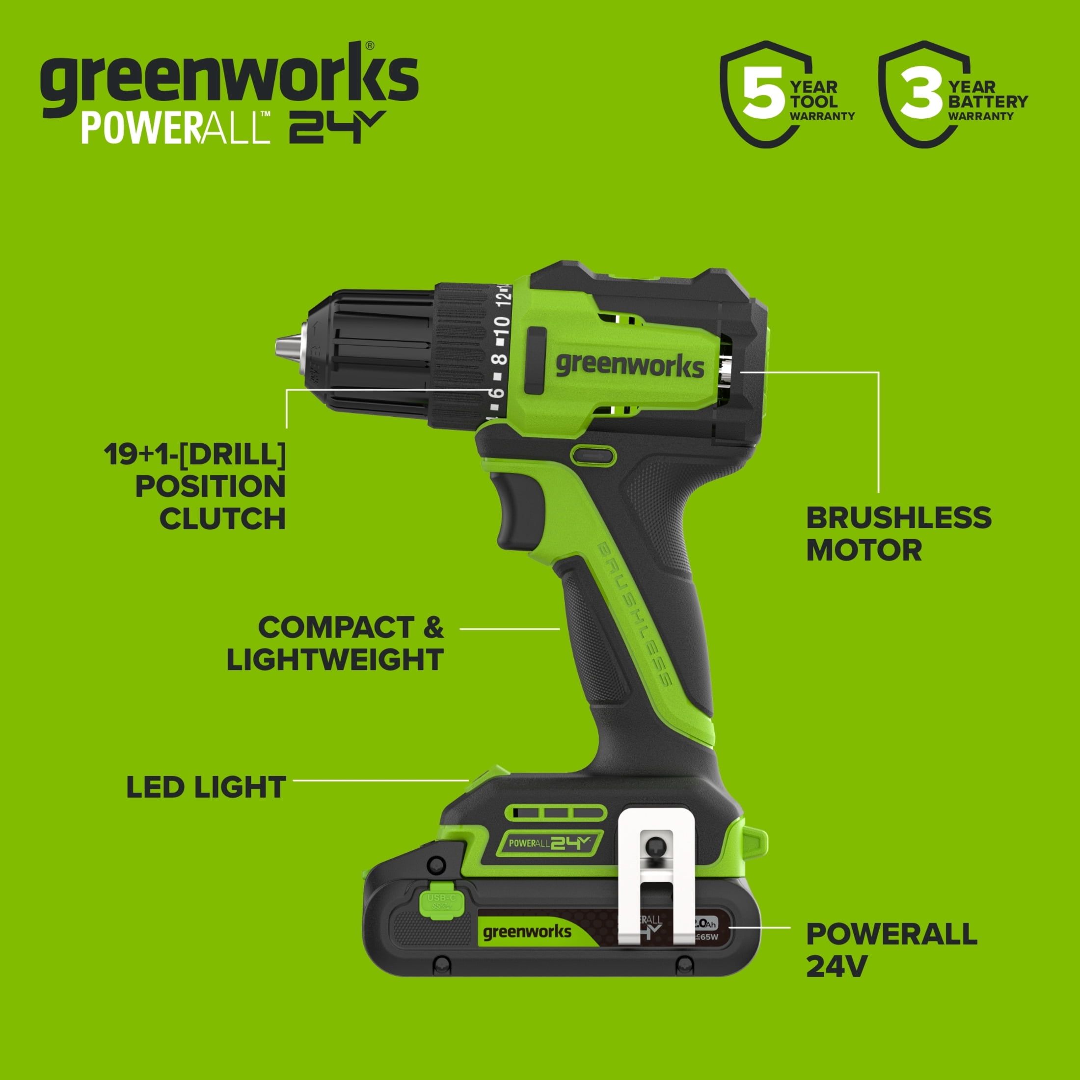 Greenworks PowerAll 24V Brushless 3/8 in Drill Driver and Hand Tool Kit (Green, 2Ah Battery) cbpj3