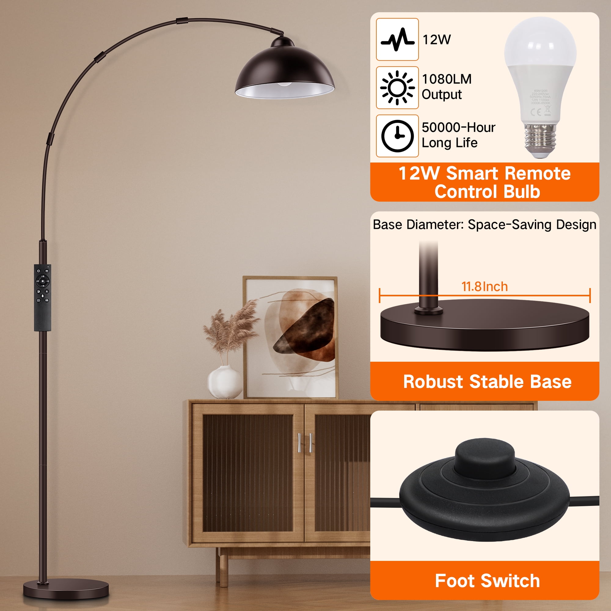 Outon Arc Floor Lamp with Remote, Dimmable LED Standing Lamp for Living Room and Bedroom (Brown, 80.3 in) qpt7m