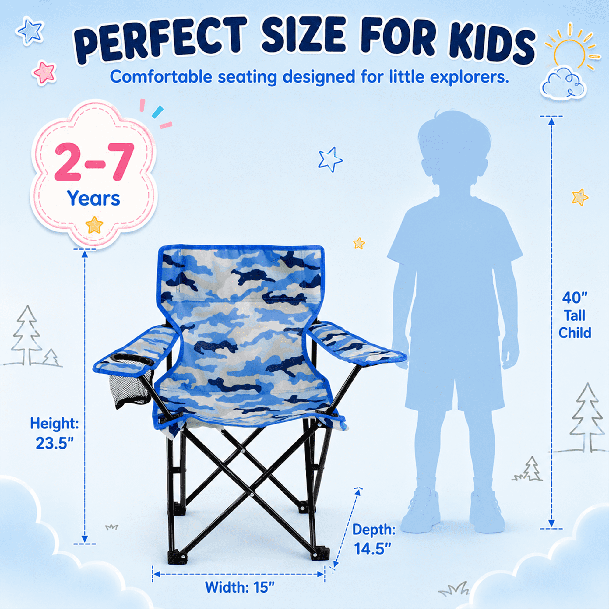 Emily Rose Portable Folding Beach Chair with Cup Holder and Carry Case (Blue Camo, 23.5 in x 13.5 in x 13.25 in) 9gael