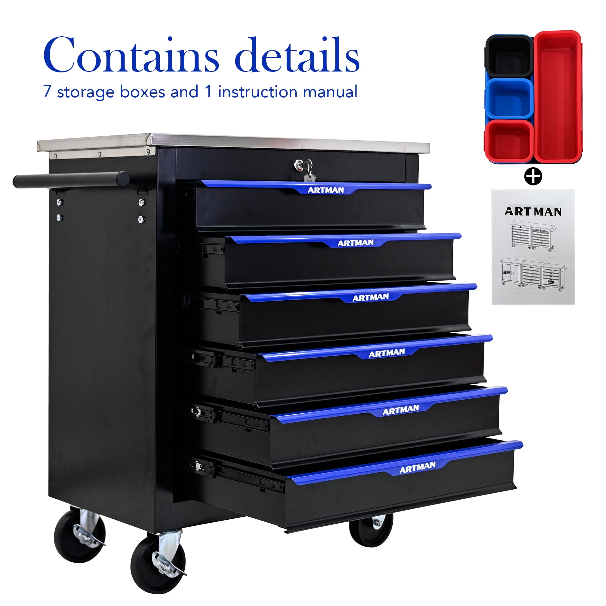 ARTMAN 6-Drawer Rolling Tool Storage Chest with Lockable Wheels (Blue, 1 Unit) rnldk