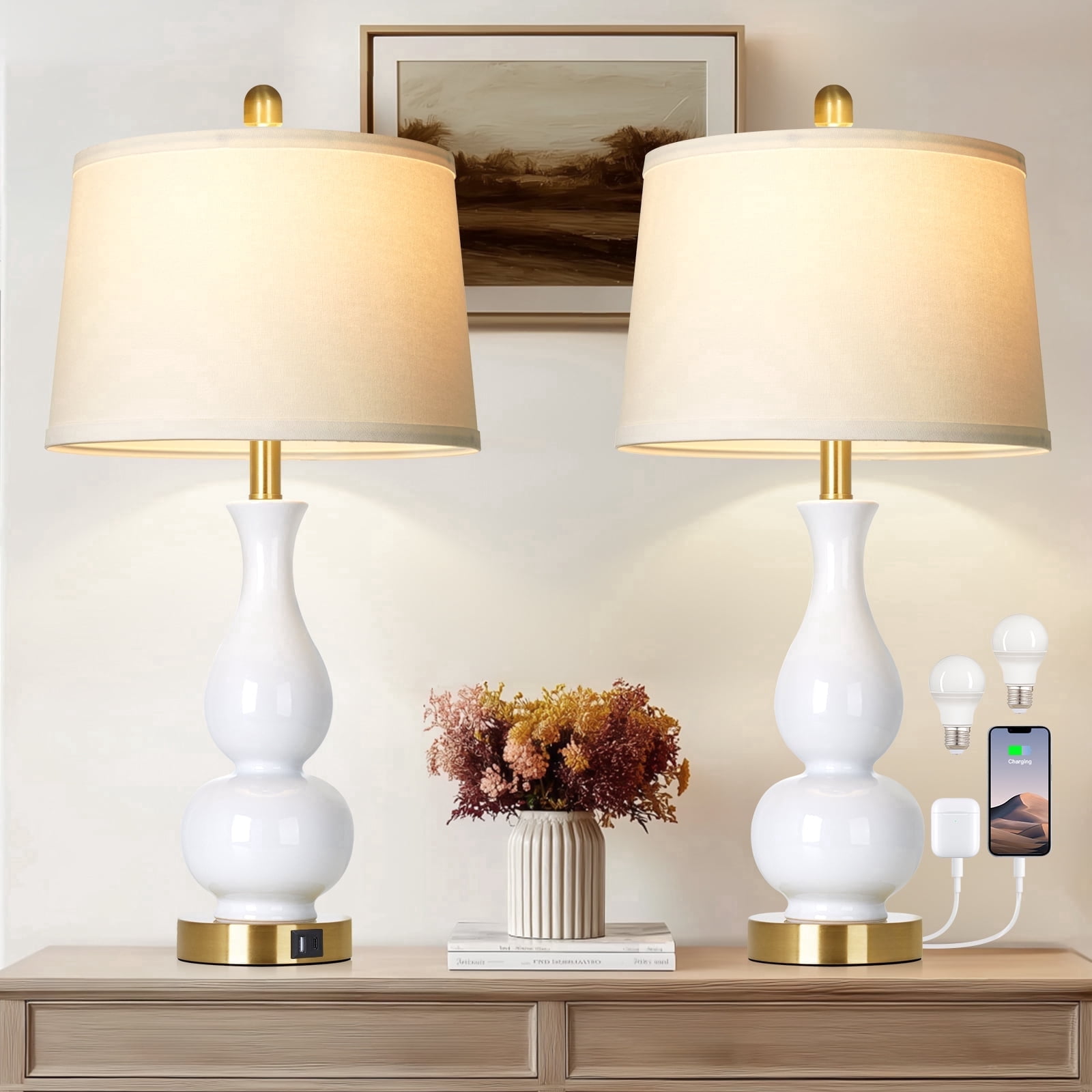 Lolikit Modern Ceramic Table Lamp Set (2-Pack, 27 in, White, USB Charging Ports) j5xuv
