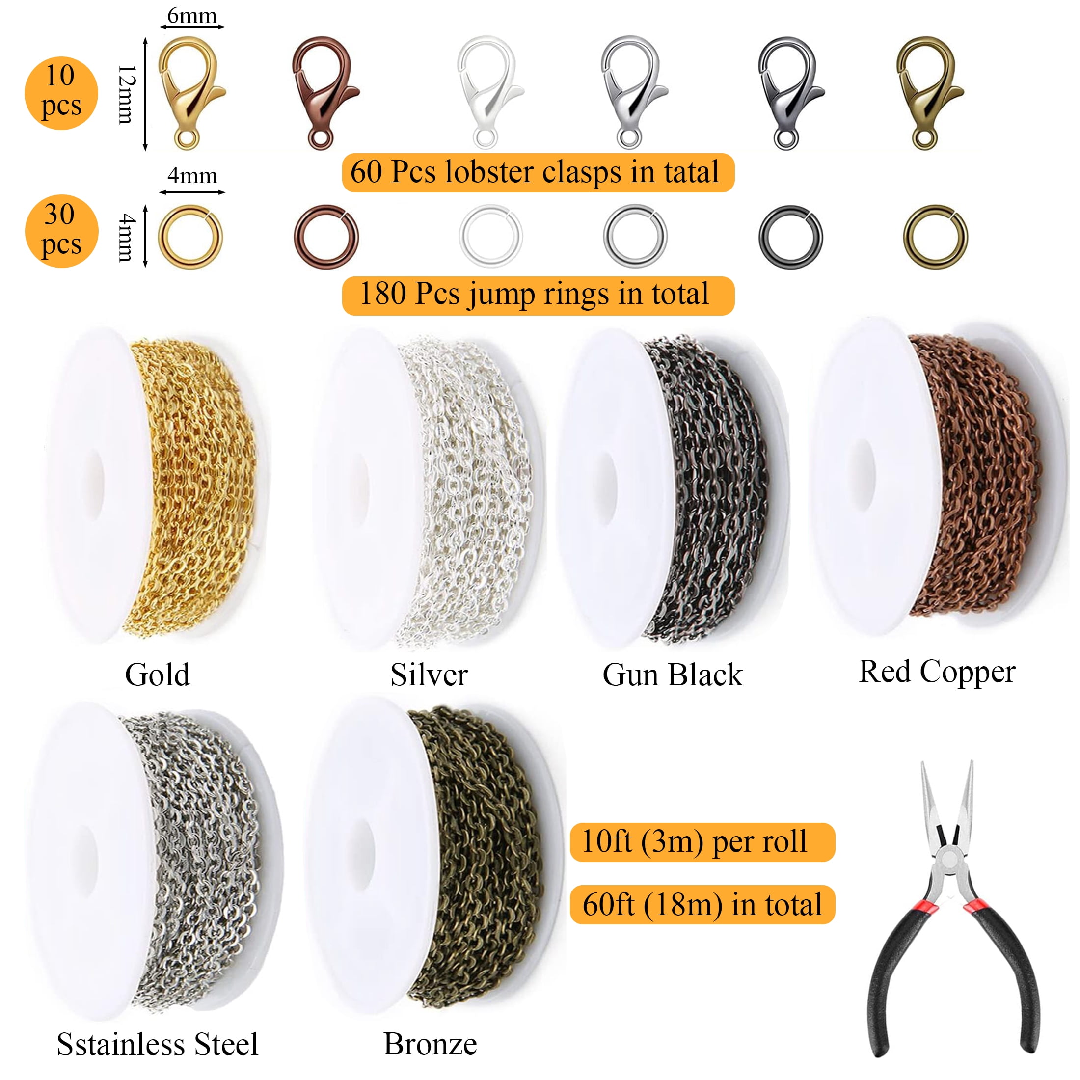 Yalumo Jewelry Making Chain Set with Pliers, Jump Rings, and Lobster Clasps (Multi-color, 60 ft) rku1j