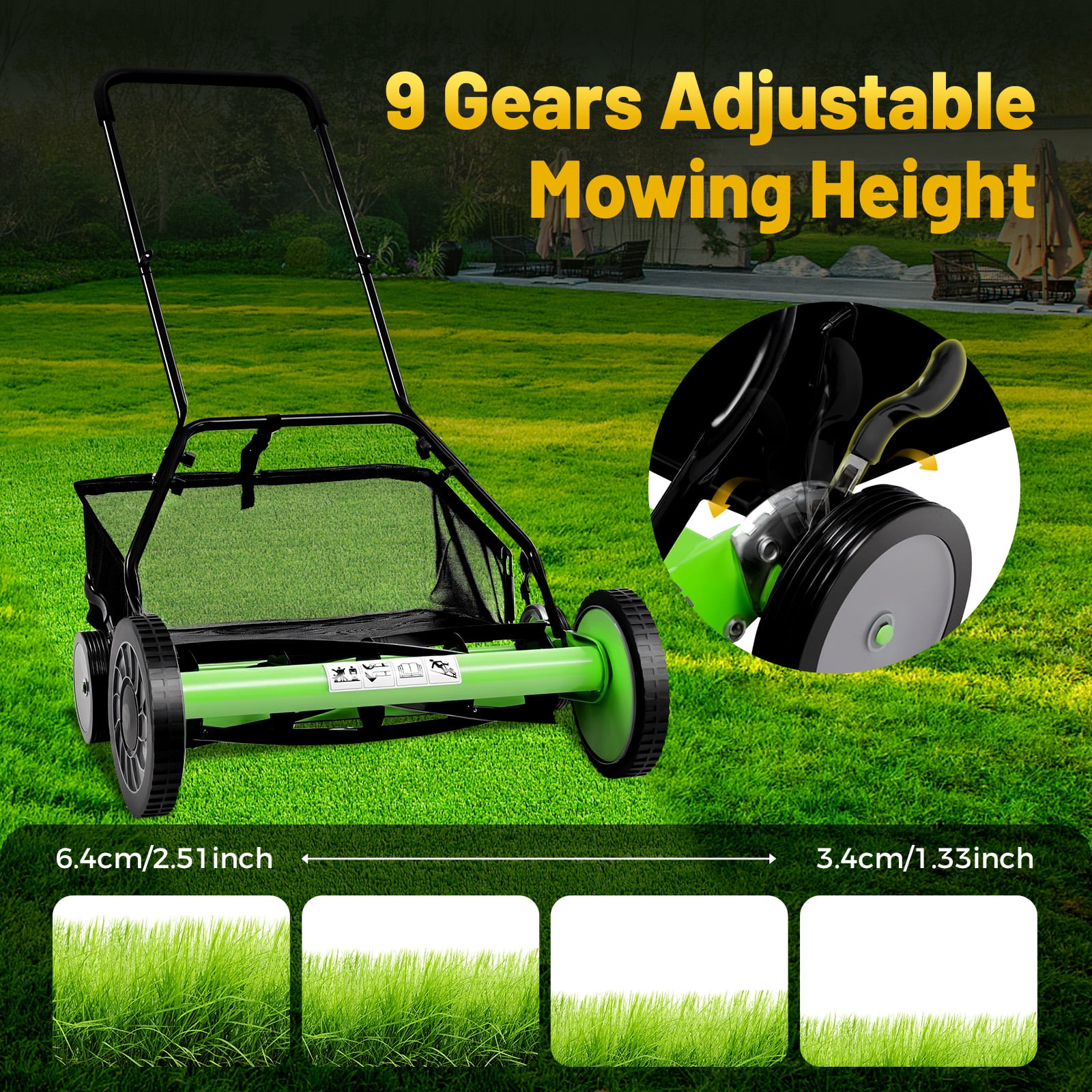 Hesries Manual Reel Lawn Mower, 20 Inch Push Grass Cutter with Grass Catcher (20 in) t9c39