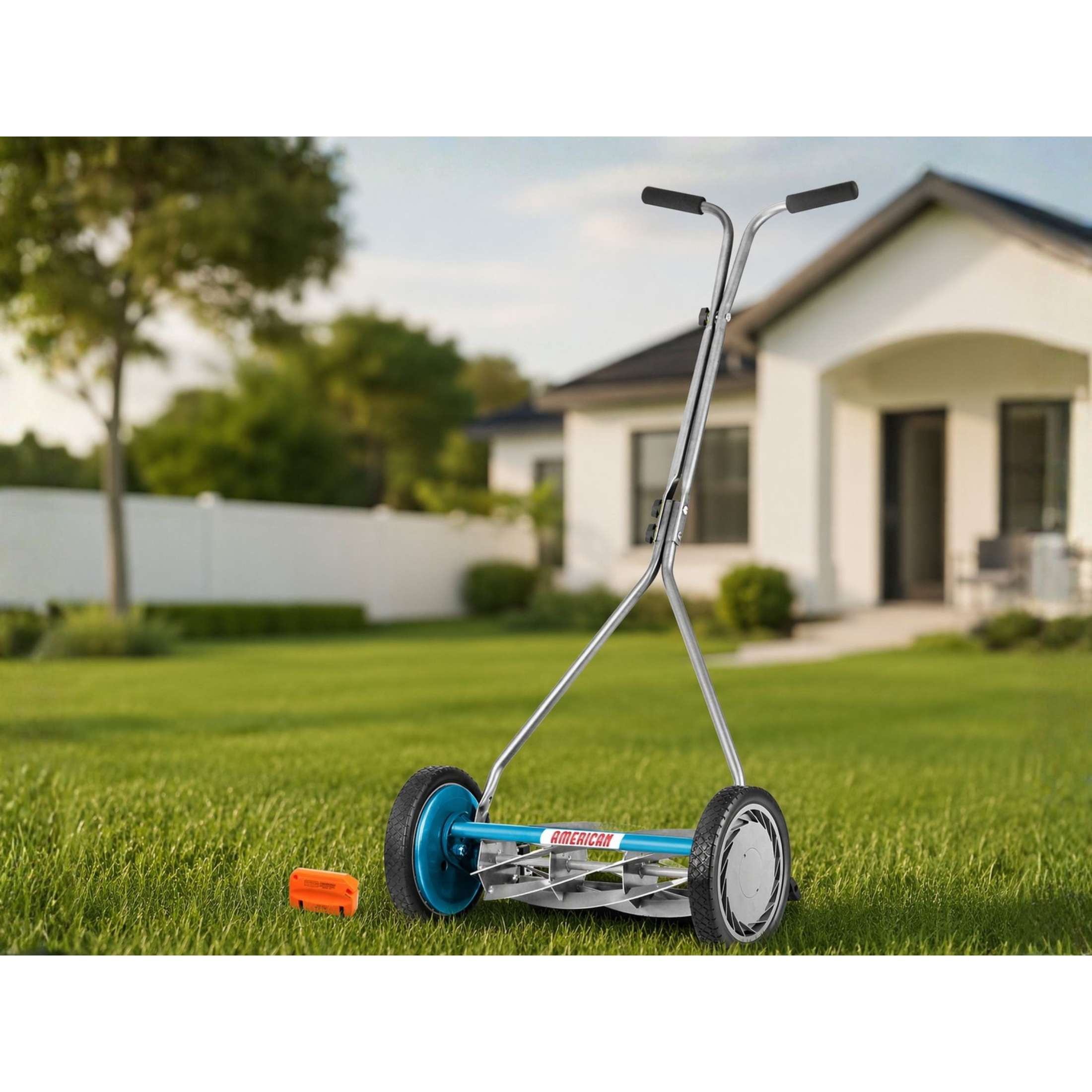 American Lawn Mower 16-Inch 7-Blade Reel Push Lawn Mower with T-Handle and Sharpener (Blue, 16 in) o5j5u