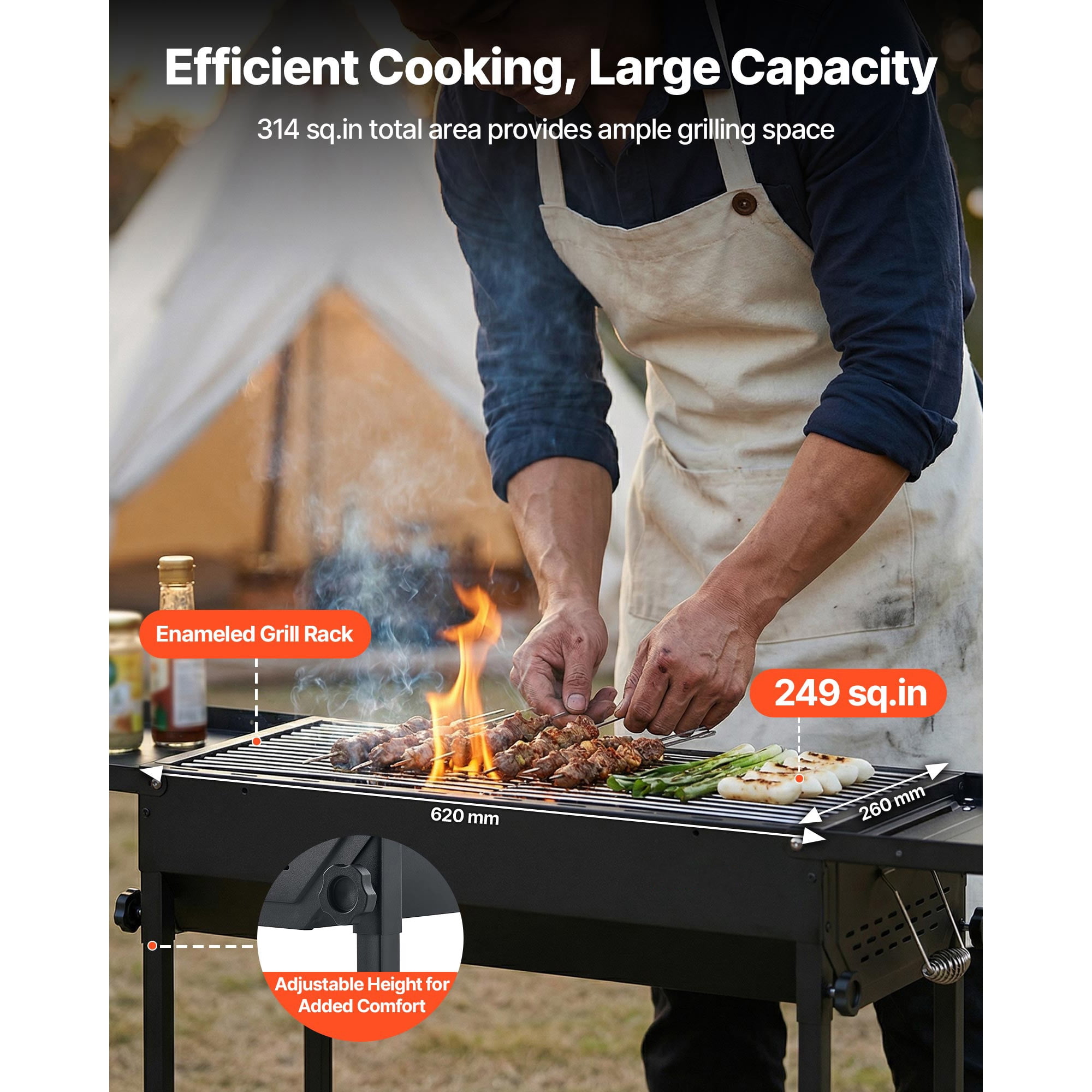 KFFKFF Foldable Charcoal Grill, Portable BBQ Grill with Adjustable Height and Side Tables (Black, 314 sq.in.) 2p0vs