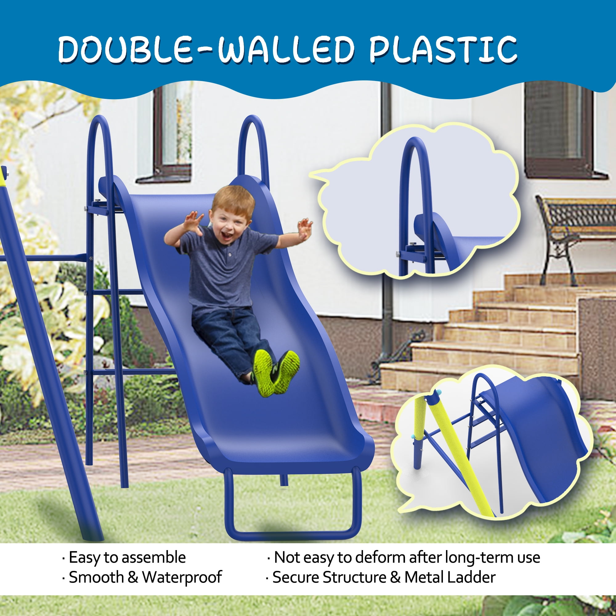 Shengchao Trade Metal Kids Swing Set, Heavy-Duty Outdoor A-Frame Playground with 2 Swings, Saucer Swing, and Sports Hoop (Blue, 75 in H x 67.7 in L x 136 in W) 4jmwx