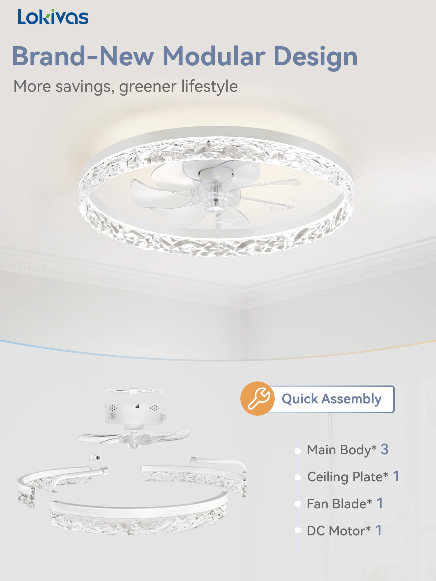 Lokivas 20 in Modern Flush Mount Ceiling Fan with Light, 6-Speed Dimmable LED, App and Remote Control (White, 20 in) zz1hg