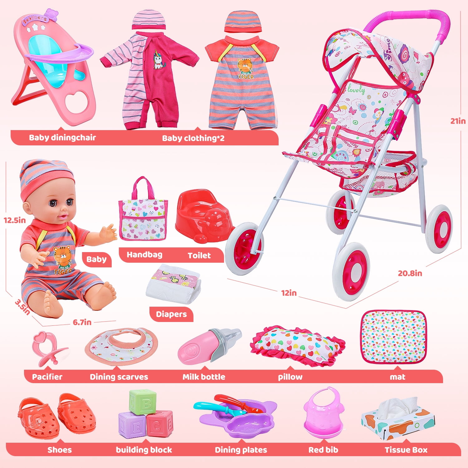JoyStone Baby Doll Play Set with 12.5 in Doll, 21 in Foldable Stroller, High Chair, and 35 PCS Accessories (Multicolor, 12.5 in) rusm0