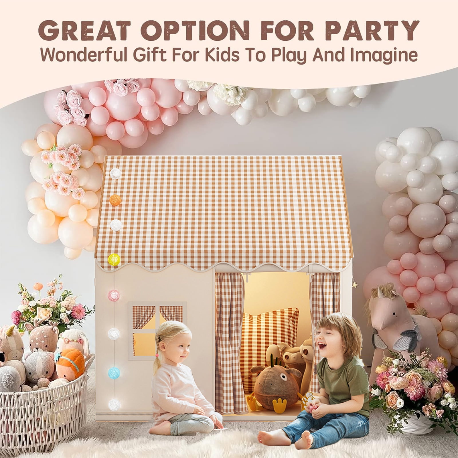 Cuopluber Kids Play Tent Indoor and Outdoor Playhouse with Lights (Brown, 50 in x 47 in x 41 in) dhkqp