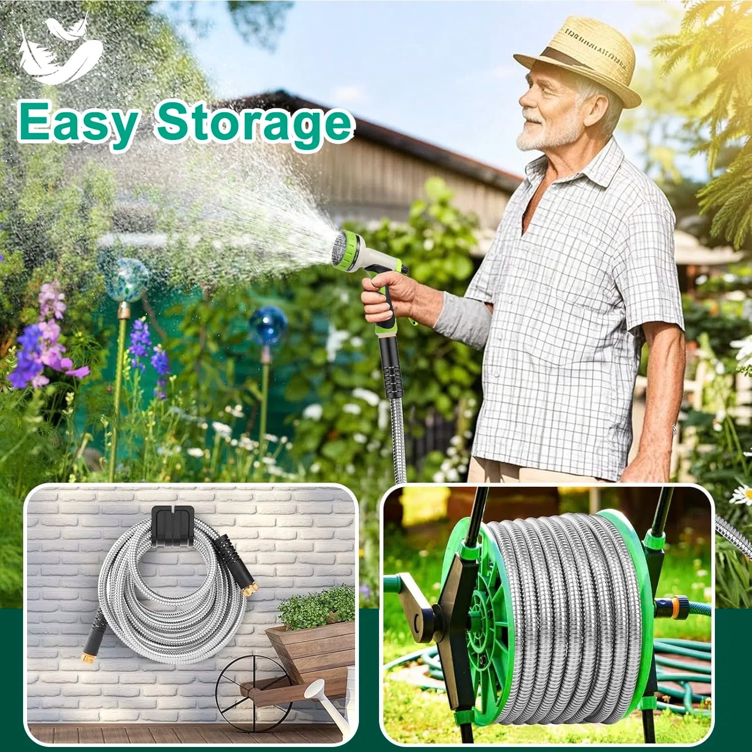 Teblint 304 Stainless Steel Garden Hose, Heavy-Duty Flexible Water Hose with 10-Function Nozzle (Silver, 50 ft) ij93i