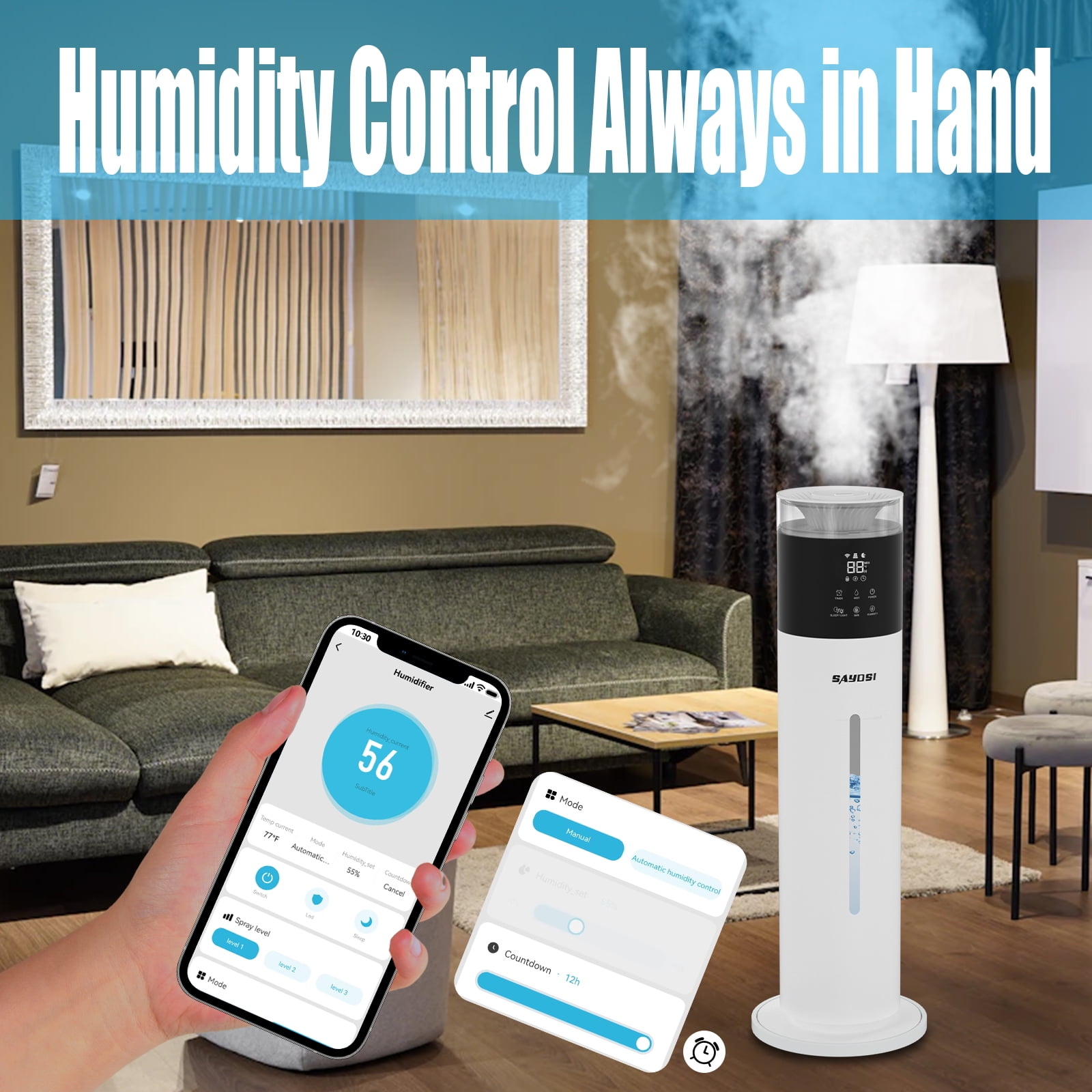 SAHAUHY Smart Cool Mist Humidifier for Large Rooms, App-Controlled Ultrasonic Humidifier with Top-Fill Design (White, 2.1 gal) n3ezc