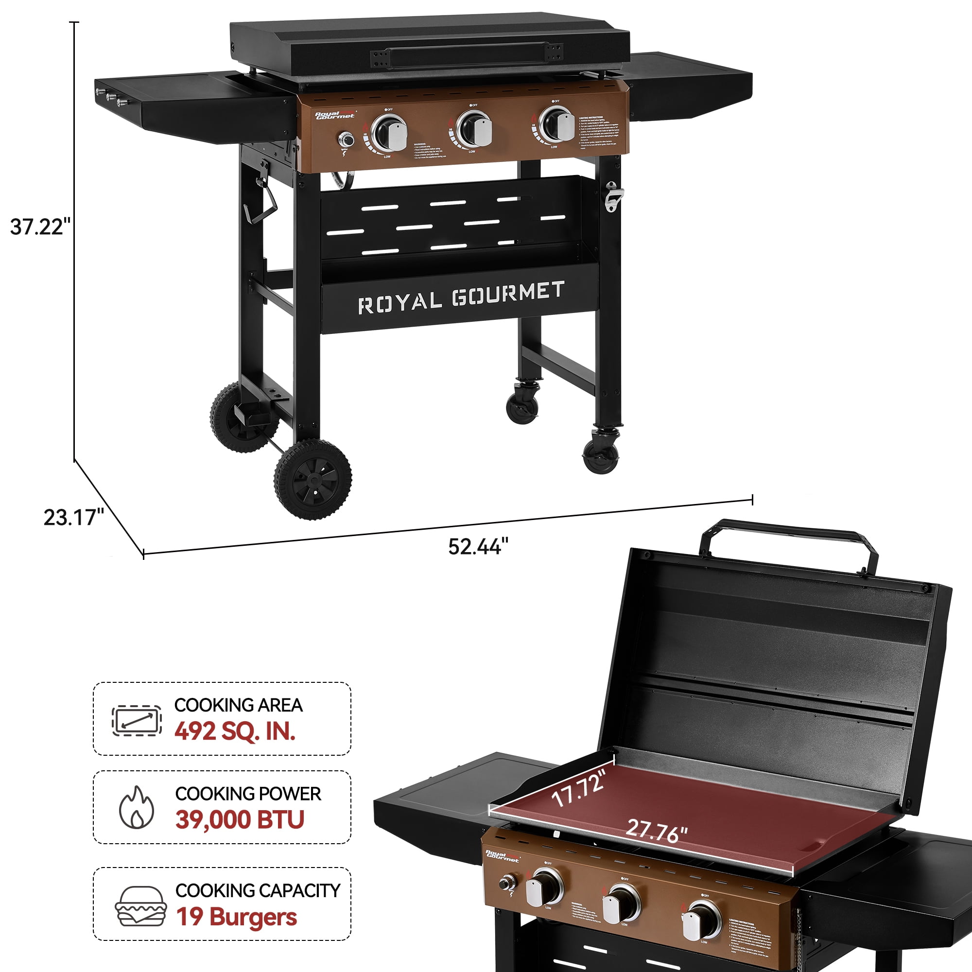 Royal Gourmet GB3000PY 3-Burner Gas Griddle with Hood and Collapsible Side Shelves (Antique Bronze and Black, 492 sq. in.) oxzev