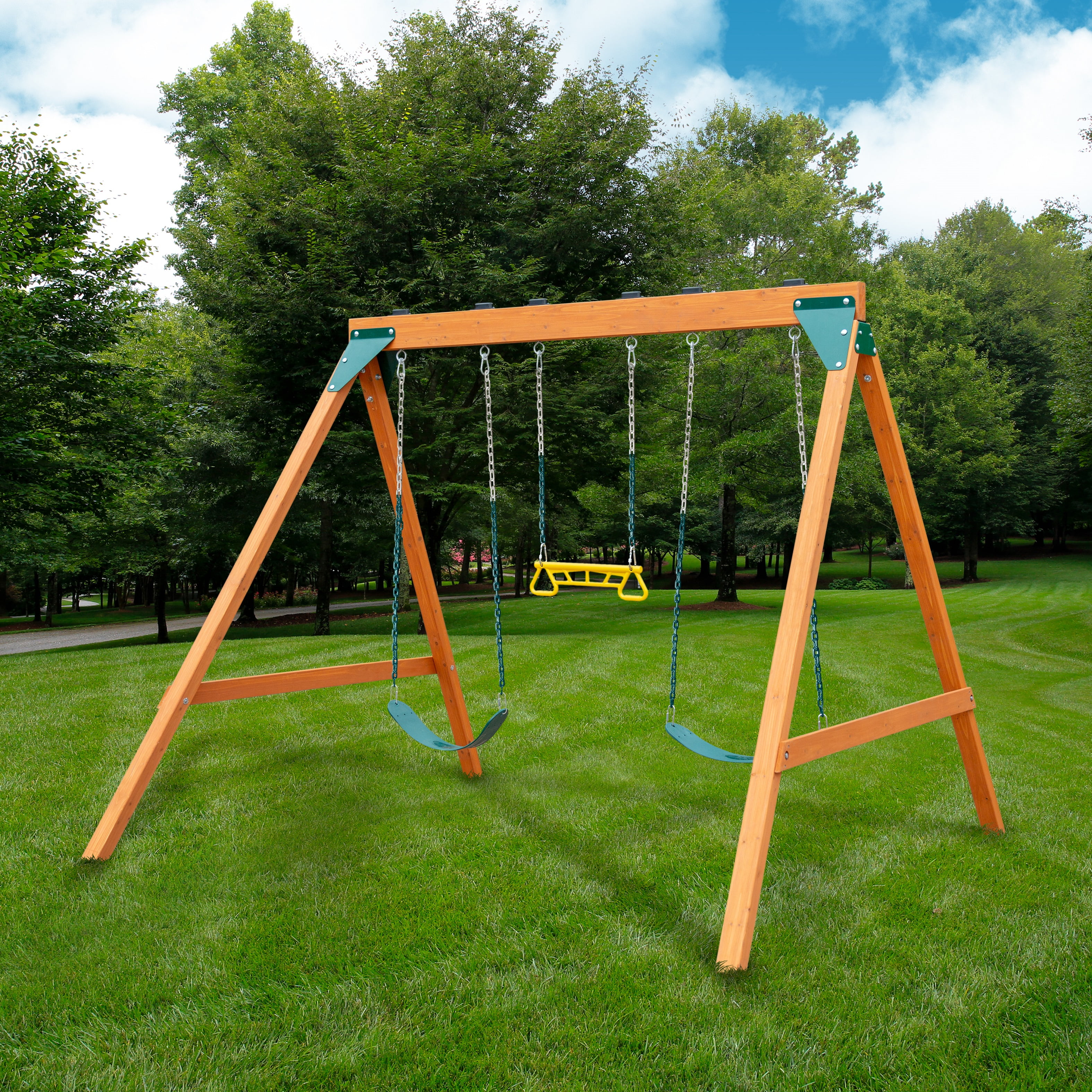Gorilla Playsets Basic Wooden Swing Set with Two Belt Swings and Trapeze (Brown, 1 Unit) ydr0x