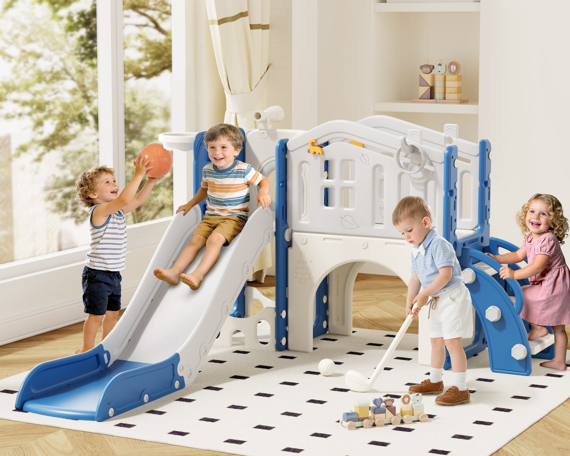 XJD 10-in-1 Toddler Slide and Activity Playset, Indoor and Outdoor Playground with Basketball Hoop and Climbing Zone (Blue and Gray) 125sk