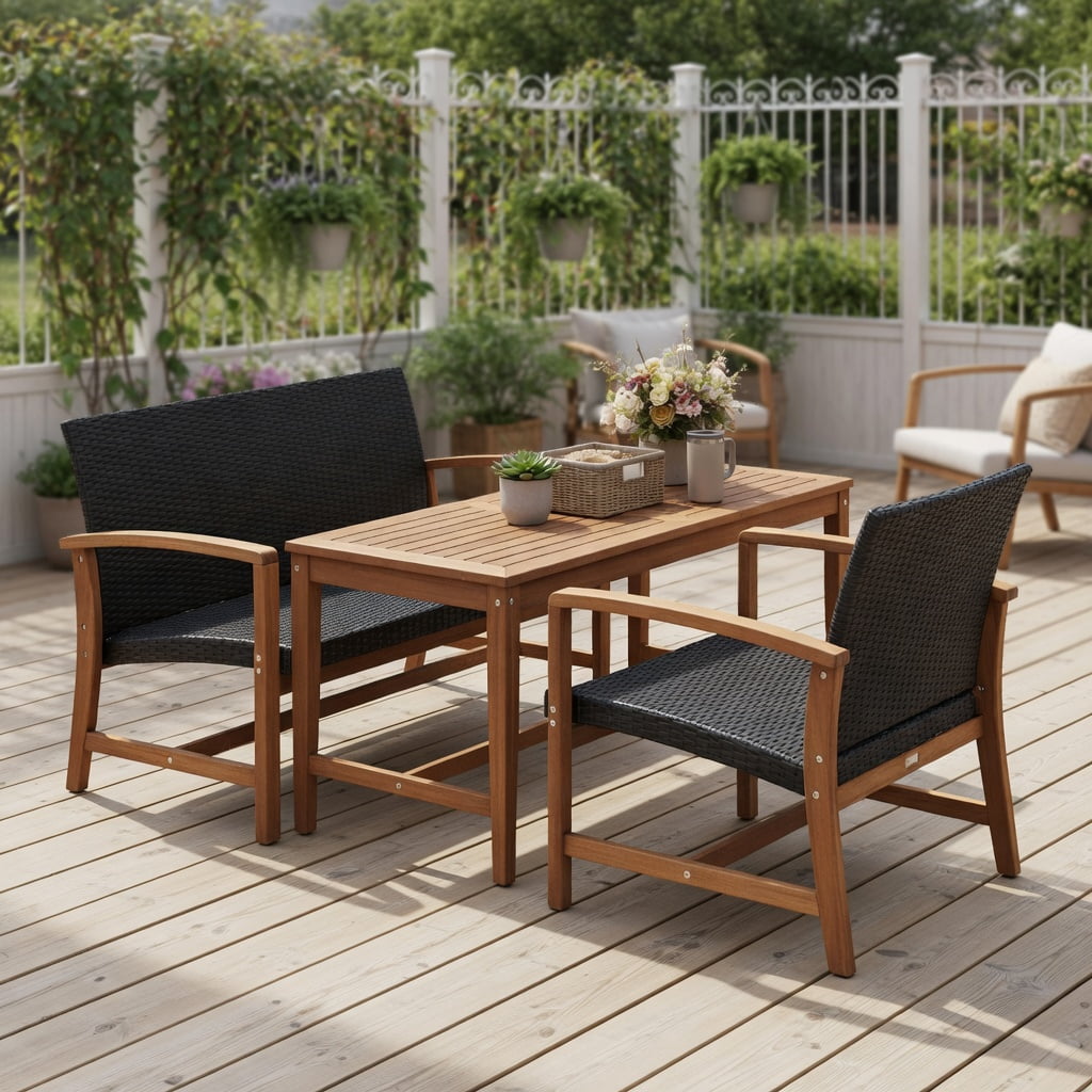 Resenkos 3-Piece Patio Rattan Bistro Furniture Set, Outdoor Garden Conversation Set with Acacia Wood Table Top (Beige) 7wp4y