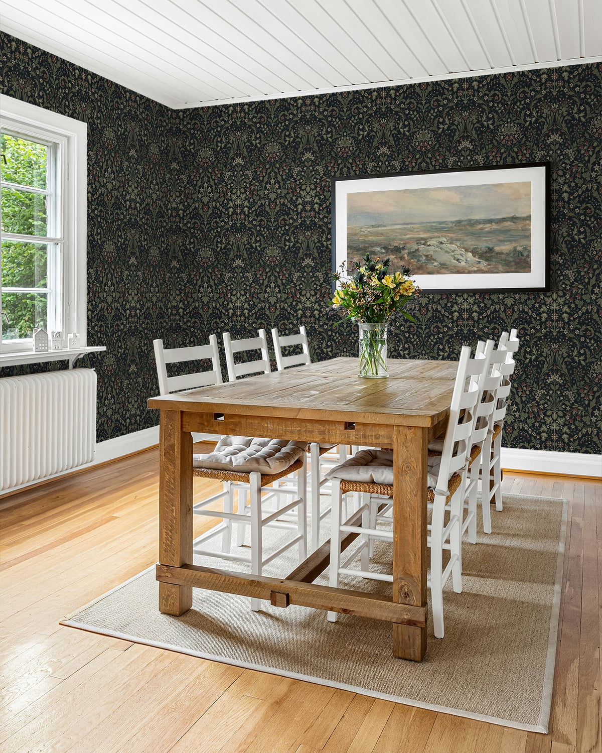 NextWall Filigree Floral Peel and Stick Wallpaper (Midnight Blue & Sage, 20.5 in. W x 18 ft. L) i1dx3