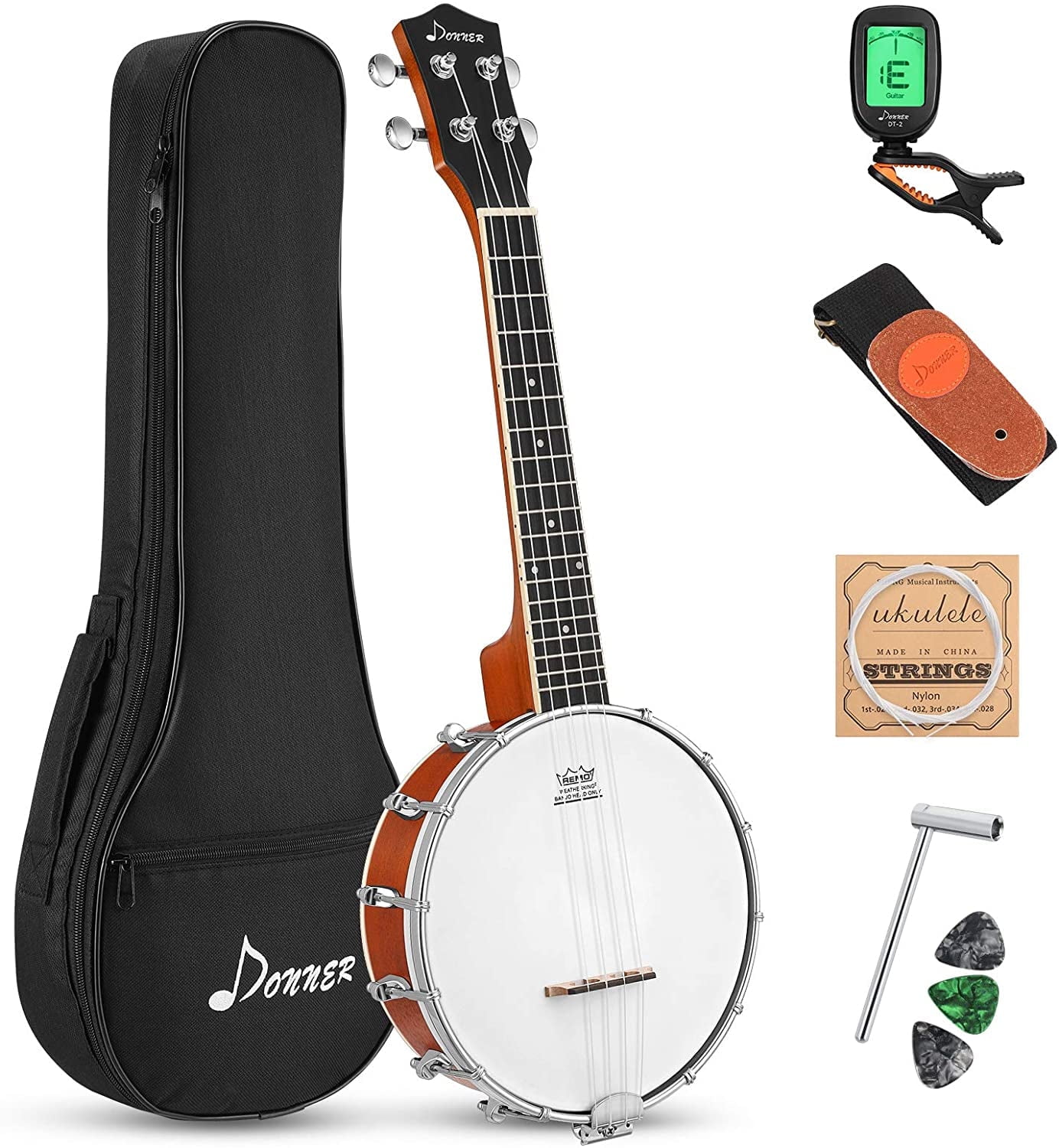 Donner DBU-200 Banjolele 4-String Concert Banjo Ukulele with Remo Drumhead and Starter Accessory Kit (23 in) 2c84l