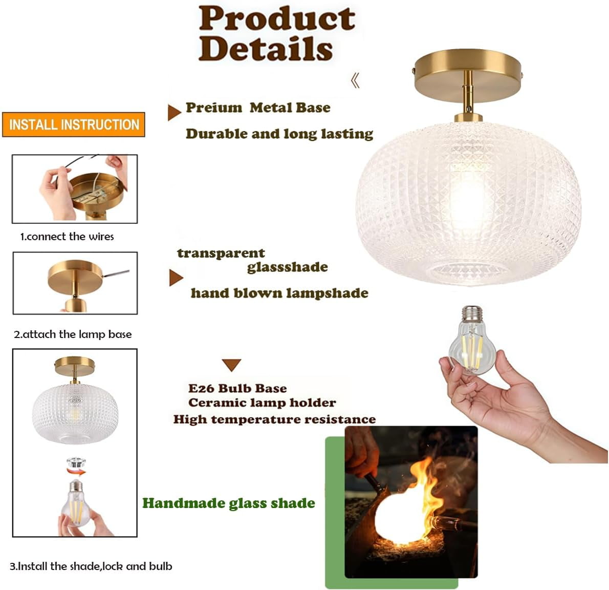 Jolydoly Semi Flush Mount Ceiling Light, Globe Glass Vintage Gold Fixture for Hallway Bedroom (9.84 in x 9.84 in x 7.49 in) rm65n