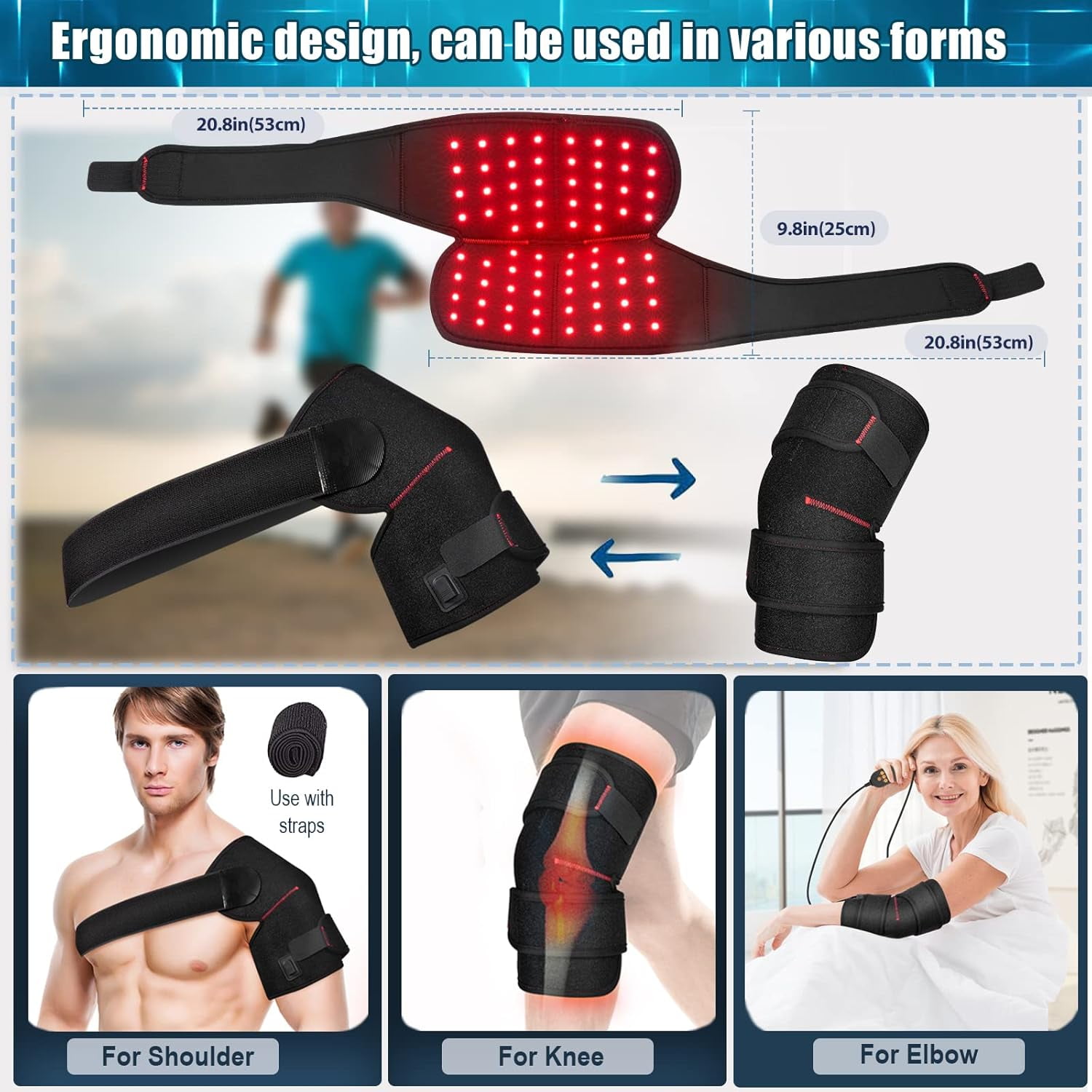 CNV LED Infrared Light Therapy Wrap for Knee Elbow Shoulder, Wearable Red Light Belt with Pulse & Timer (Black, 0.8 lb) x84iq