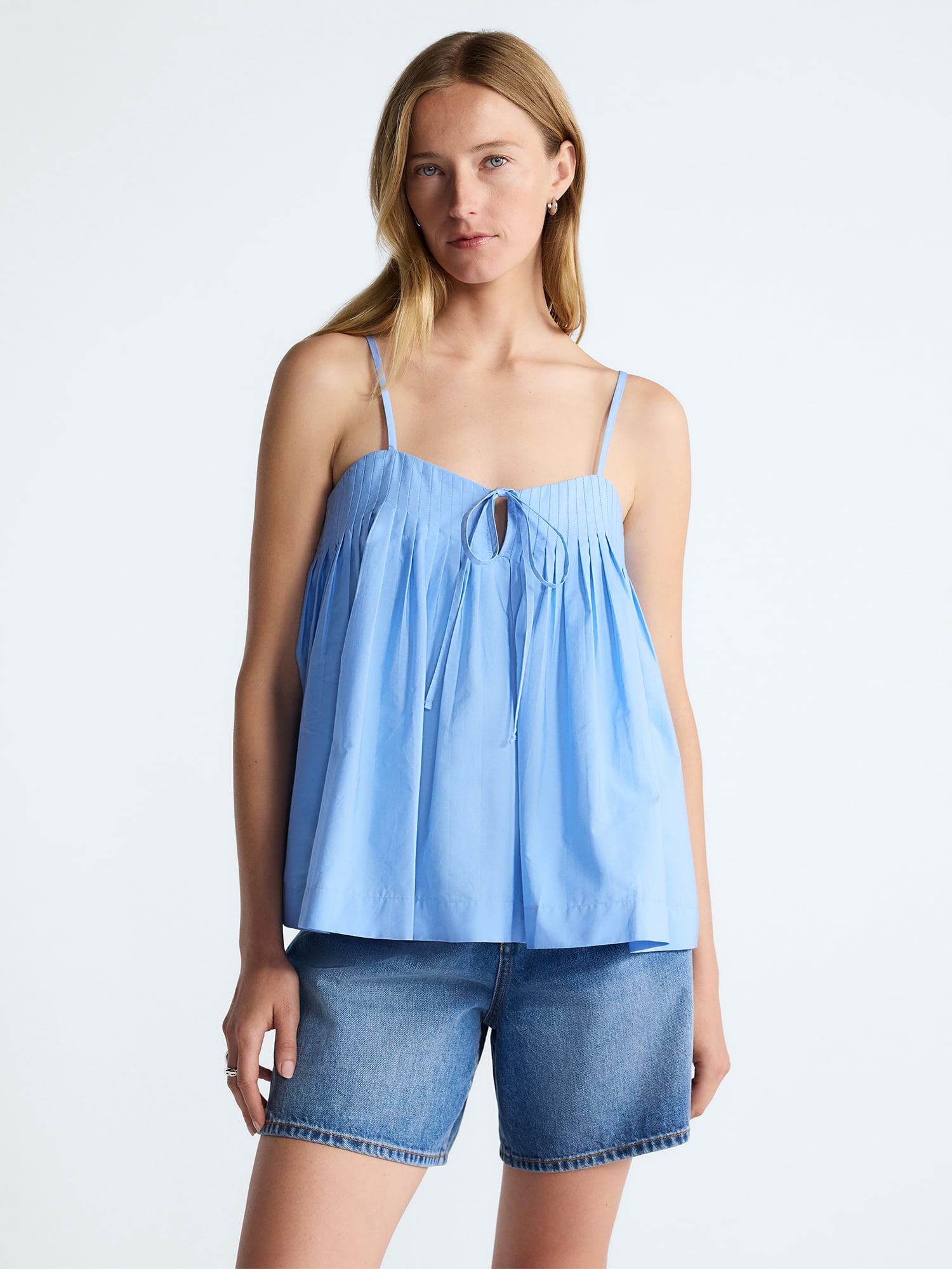 Free Assembly Women's Cotton Pintuck Sleeveless Top (Blue, XS) b5q13
