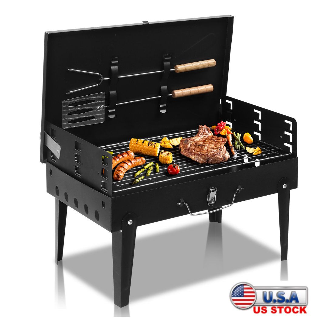 Tcbosik Portable Charcoal Grill, Folding Outdoor Barbecue Stove with Lid and Adjustable Height (Black) a059w