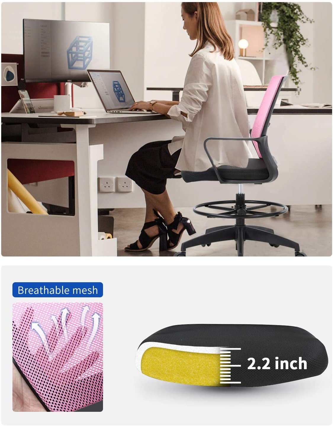 BestOffice Ergonomic Drafting Chair with Lumbar Support and Adjustable Arms (Pink, Mid Back) b32q5