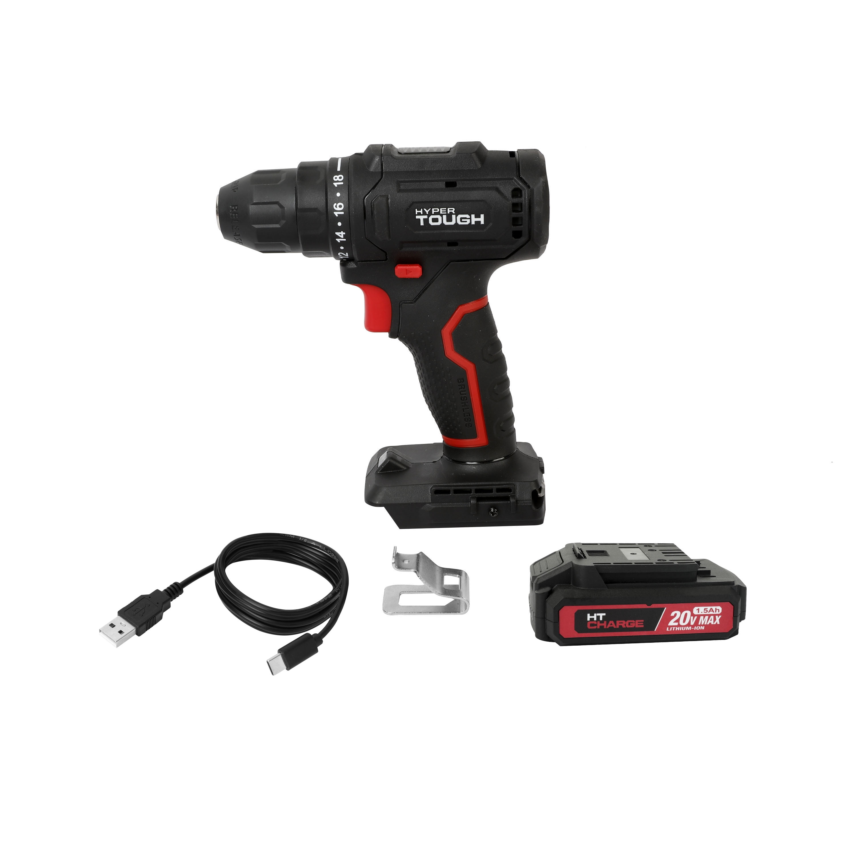 Hyper Tough 20V Brushless Cordless Drill with 1.5Ah Battery and USB-C Charging Cable (Black, 1-Speed) yd6l7