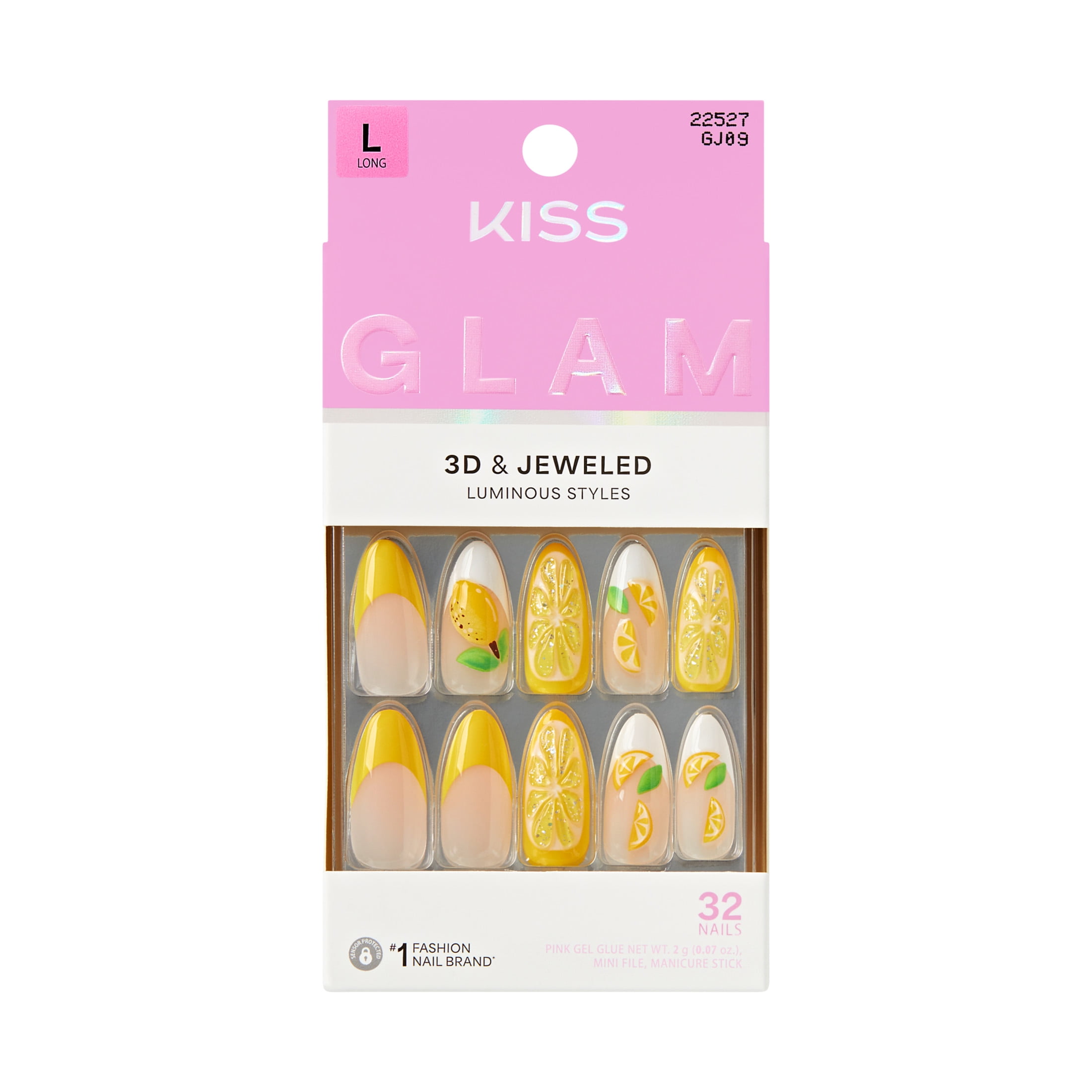 Kiss Glam 3D & Jeweled Long Almond Press-On Nails (Yellow, 32 Pieces) pd7tg
