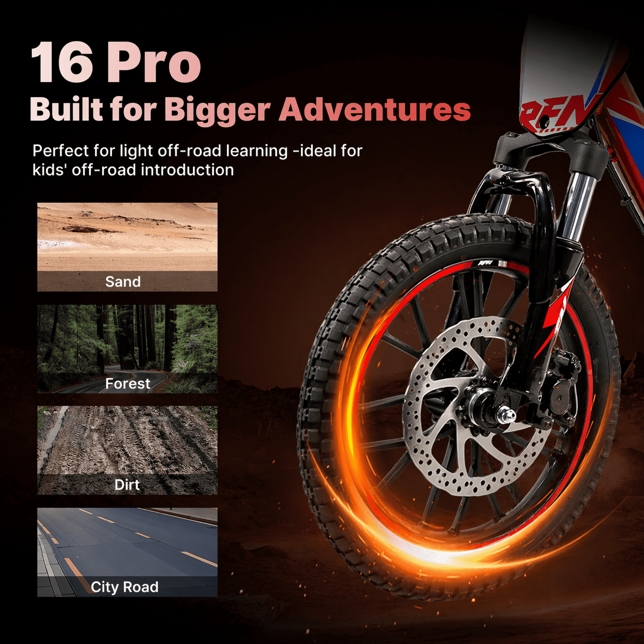 RFN Electric Dirt Bike for Kids, 500W Motor Off-Road E-Bike with 3 Speed Modes (Red, 16 in) k7d83
